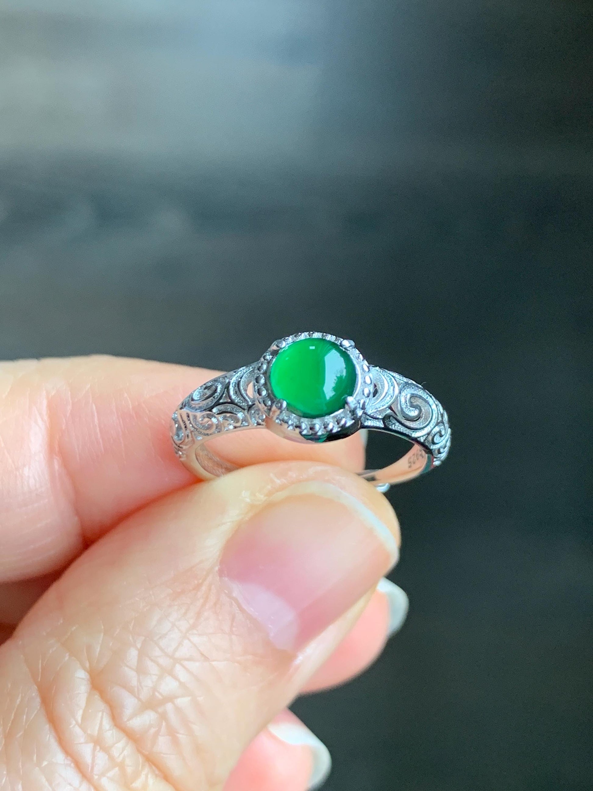 Natural Guatemalan Grade A Icy Translucent Vibrant Green Jadeite Solitaire Band Style Ring Sterling Silver Size Adjustable