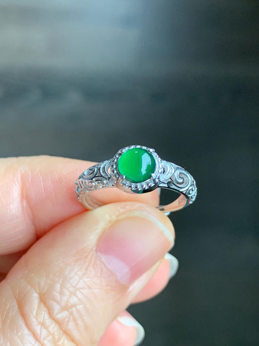 Natural Guatemalan Grade A Icy Translucent Vibrant Green Jadeite Solitaire Band Style Ring Sterling Silver Size Adjustable