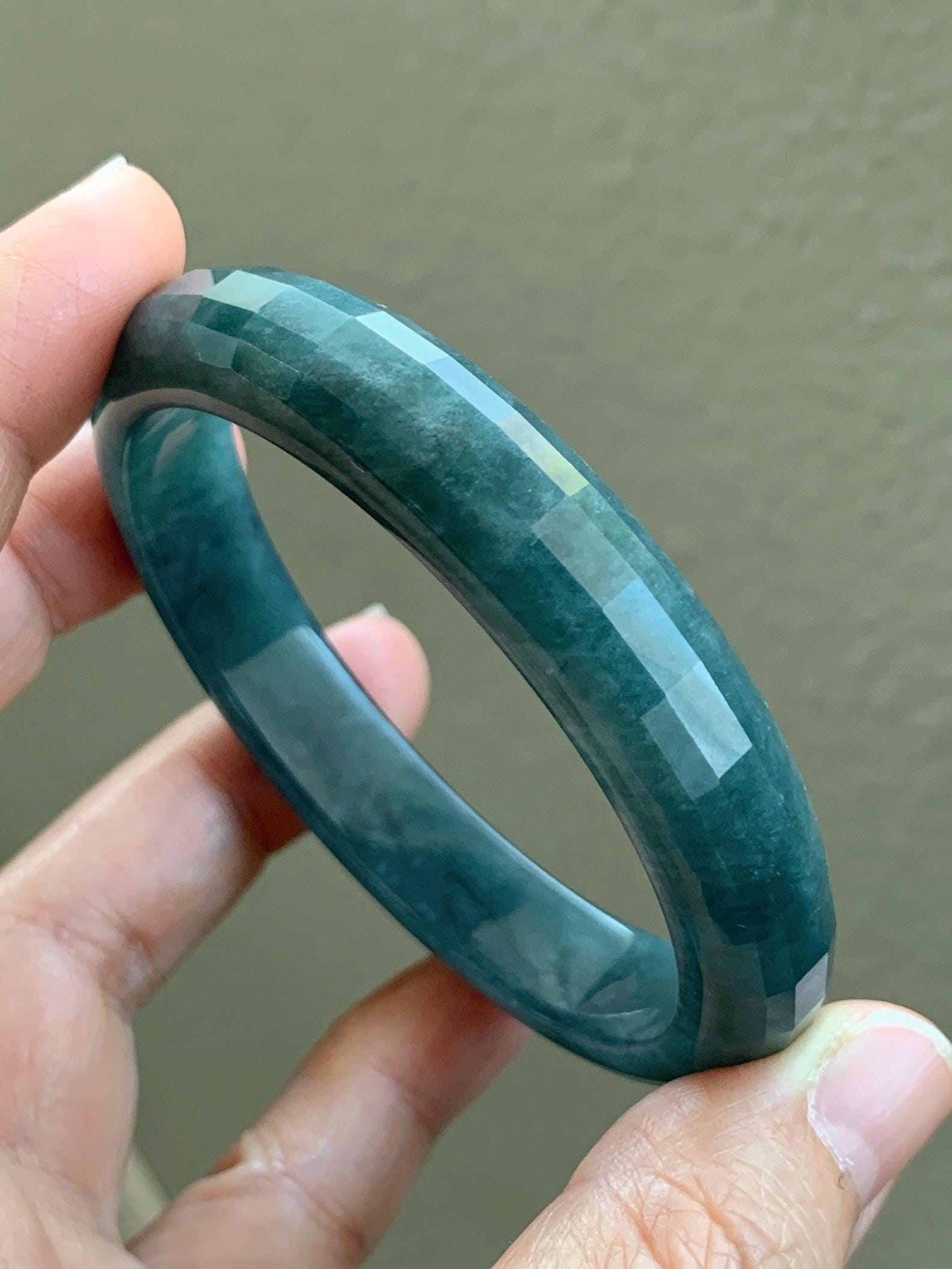 Certified Natural Grade A Guatemalan Icy Translucent Dark Blue Marbled Jadeite Faceted Bangle 56.3mm 11.5x6.8mm 43g 天然老种冰危深蓝翡翠正圈切割面手镯 1356