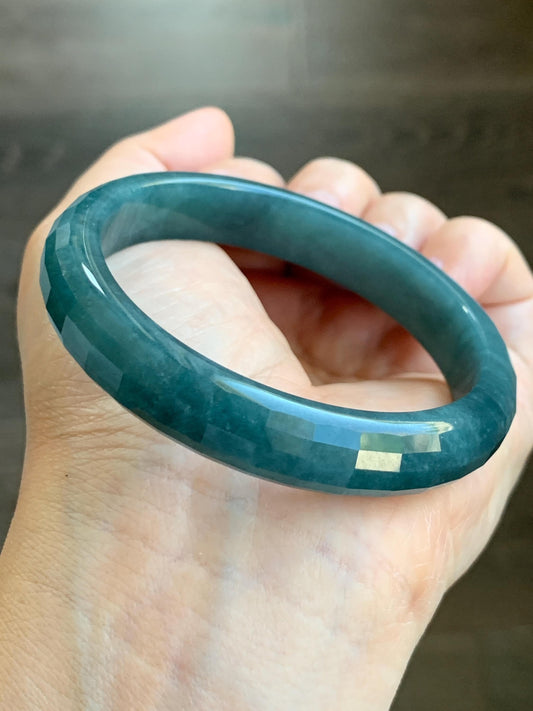 Certified Natural Grade A Guatemalan Icy Translucent Dark Blue Marbled Jadeite Faceted Bangle 56.3mm 11.5x6.8mm 43g 天然老种冰危深蓝翡翠正圈切割面手镯 1356