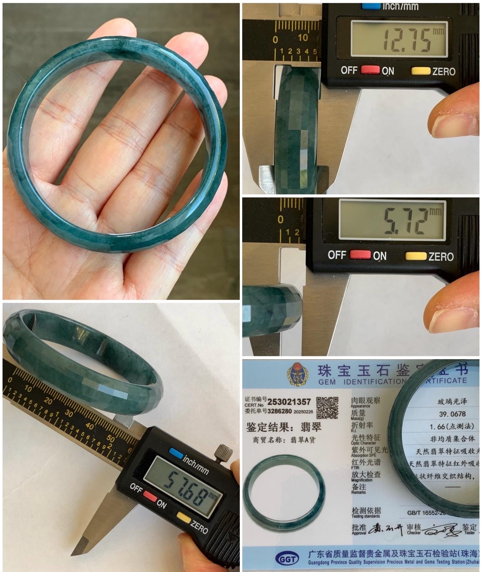 Certified Natural Grade A Guatemalan Icy Translucent Dark Blue Marbled Jadeite Faceted Bangle 57.6mm 12.7x5.7mm 39g 天然老种冰危深蓝翡翠正圈切割面手镯 1357