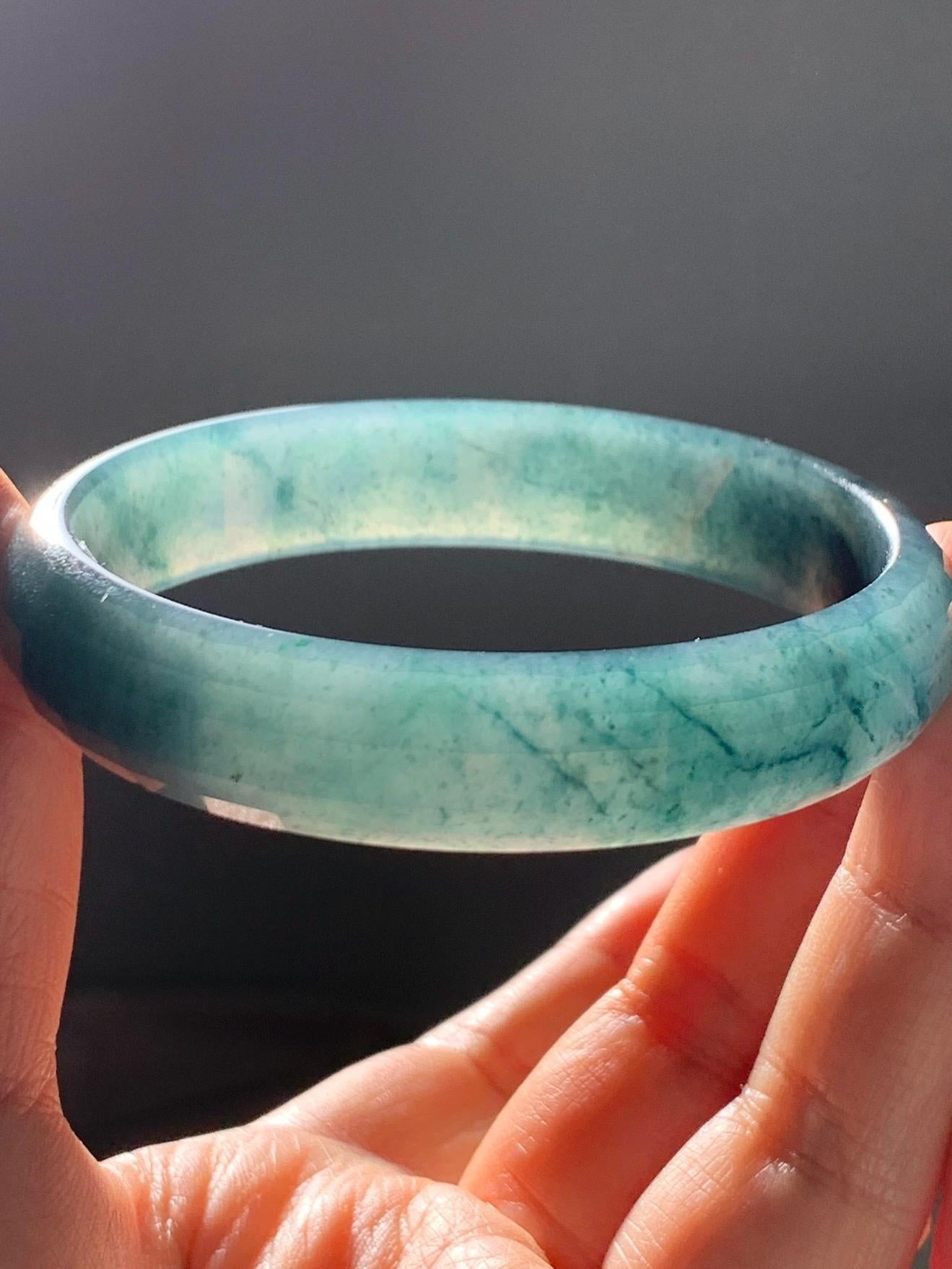 Certified Natural Grade A Guatemalan Icy Translucent Dark Blue Marbled Jadeite Faceted Bangle 57.6mm 12.7x5.7mm 39g 天然老种冰危深蓝翡翠正圈切割面手镯 1357