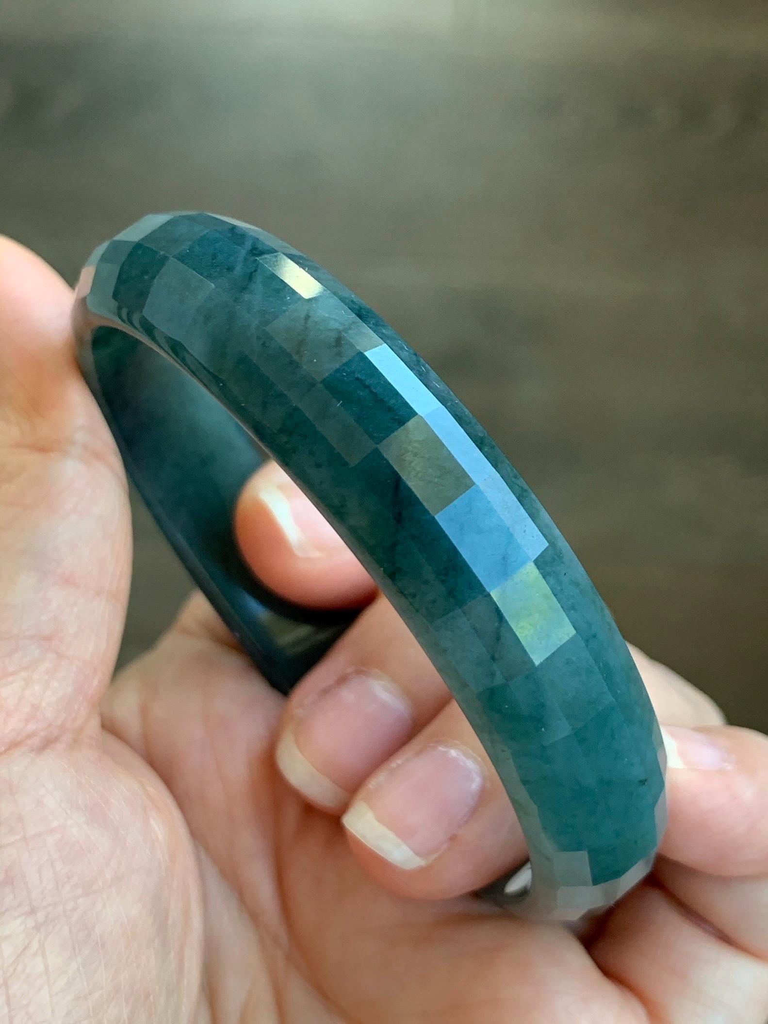 Certified Natural Grade A Guatemalan Icy Translucent Dark Blue Marbled Jadeite Faceted Bangle 57.6mm 12.7x5.7mm 39g 天然老种冰危深蓝翡翠正圈切割面手镯 1357