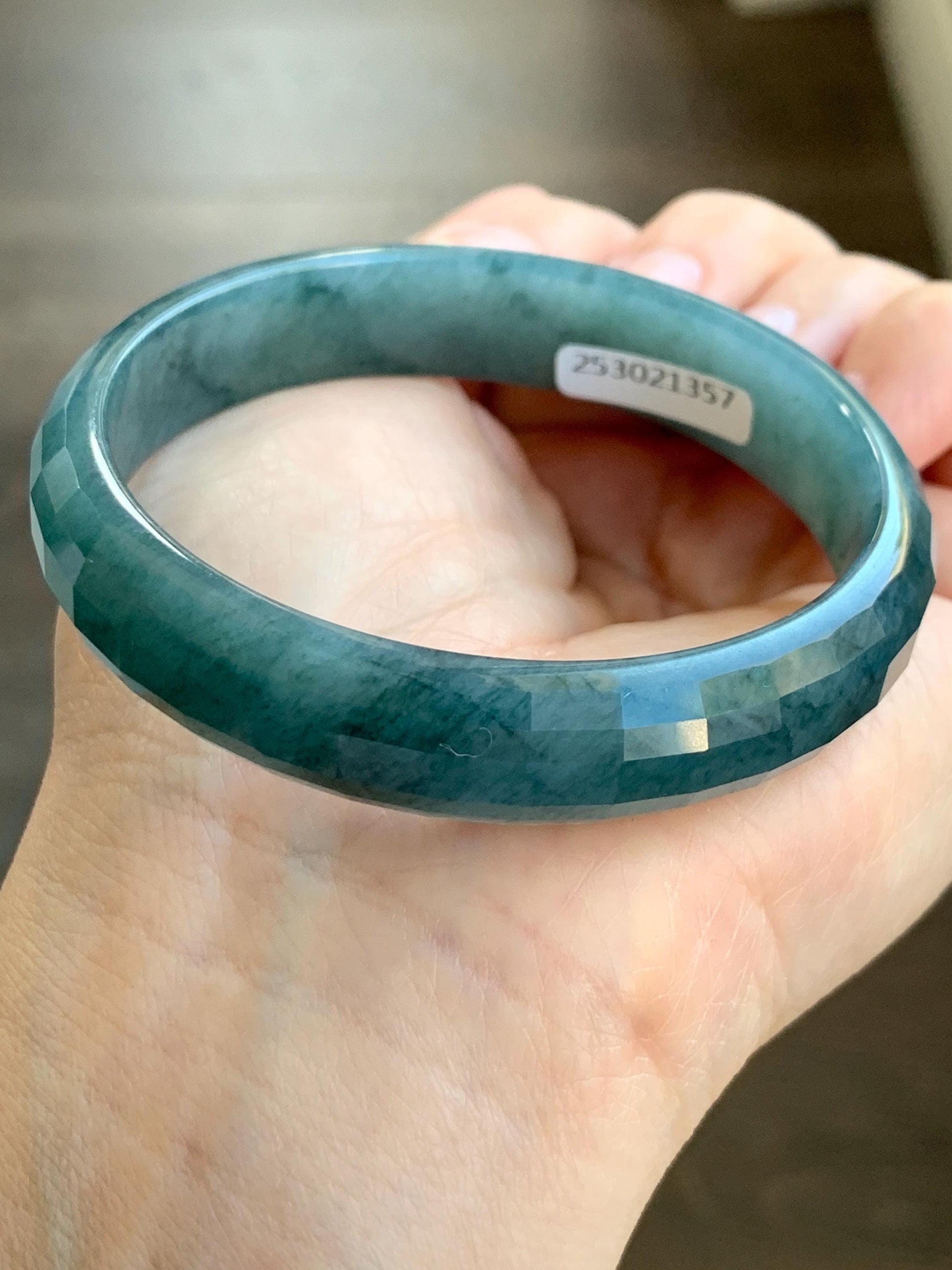 Certified Natural Grade A Guatemalan Icy Translucent Dark Blue Marbled Jadeite Faceted Bangle 57.6mm 12.7x5.7mm 39g 天然老种冰危深蓝翡翠正圈切割面手镯 1357