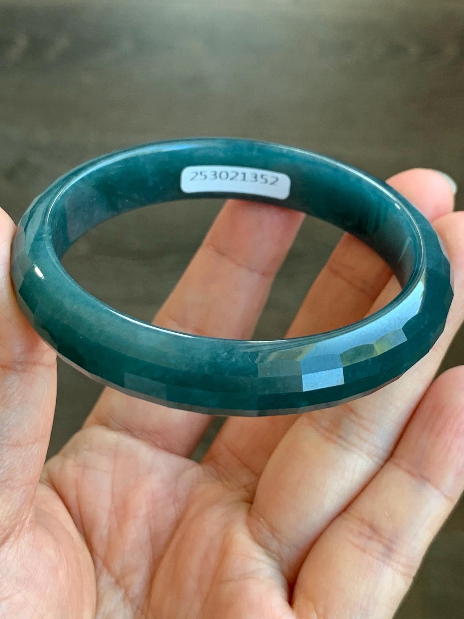 Certified Natural Grade A Guatemalan Icy Translucent Dark Blue Jadeite Faceted Bangle 55.89m 11.5x6.6mm 40.8g 天然老种冰危深蓝翡翠正圈切割面手镯 1352