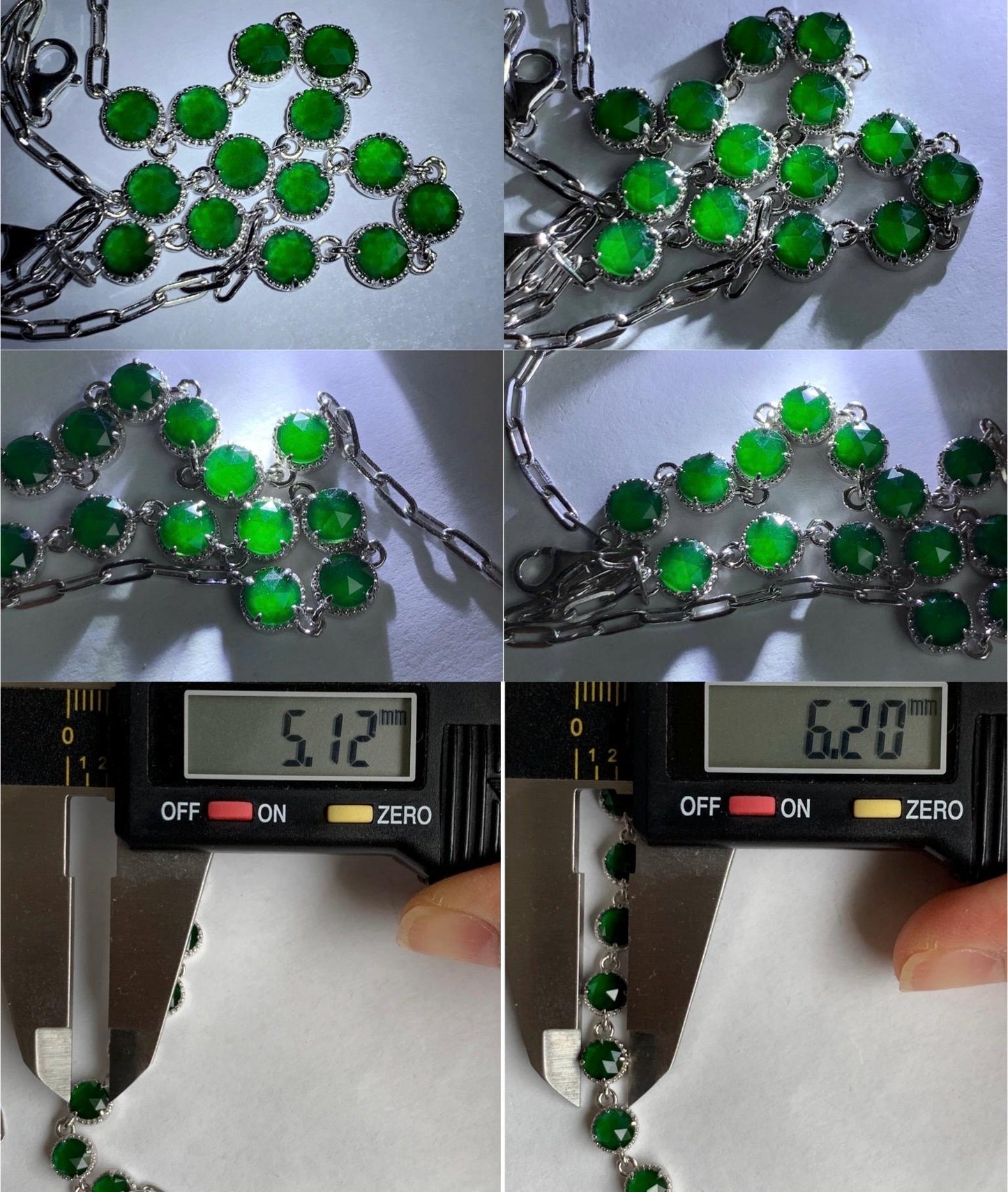 Natural Grade A Guatemalan Icy Translucent Vibrant Green Faceted Jadeite 7-Stone Chain Bracelet Sterling Silver 3g 天然冰危绿切割面翡翠银镶手链 QGL150