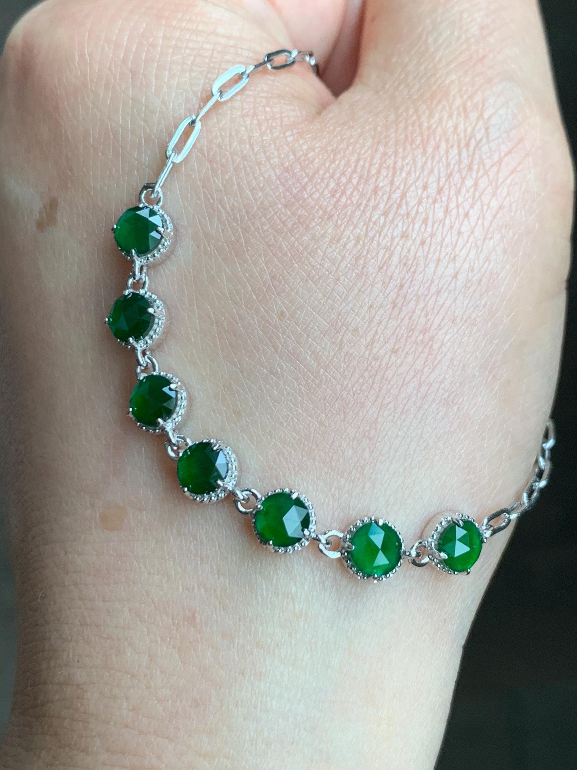 Natural Grade A Guatemalan Icy Translucent Vibrant Green Faceted Jadeite 7-Stone Chain Bracelet Sterling Silver 3g