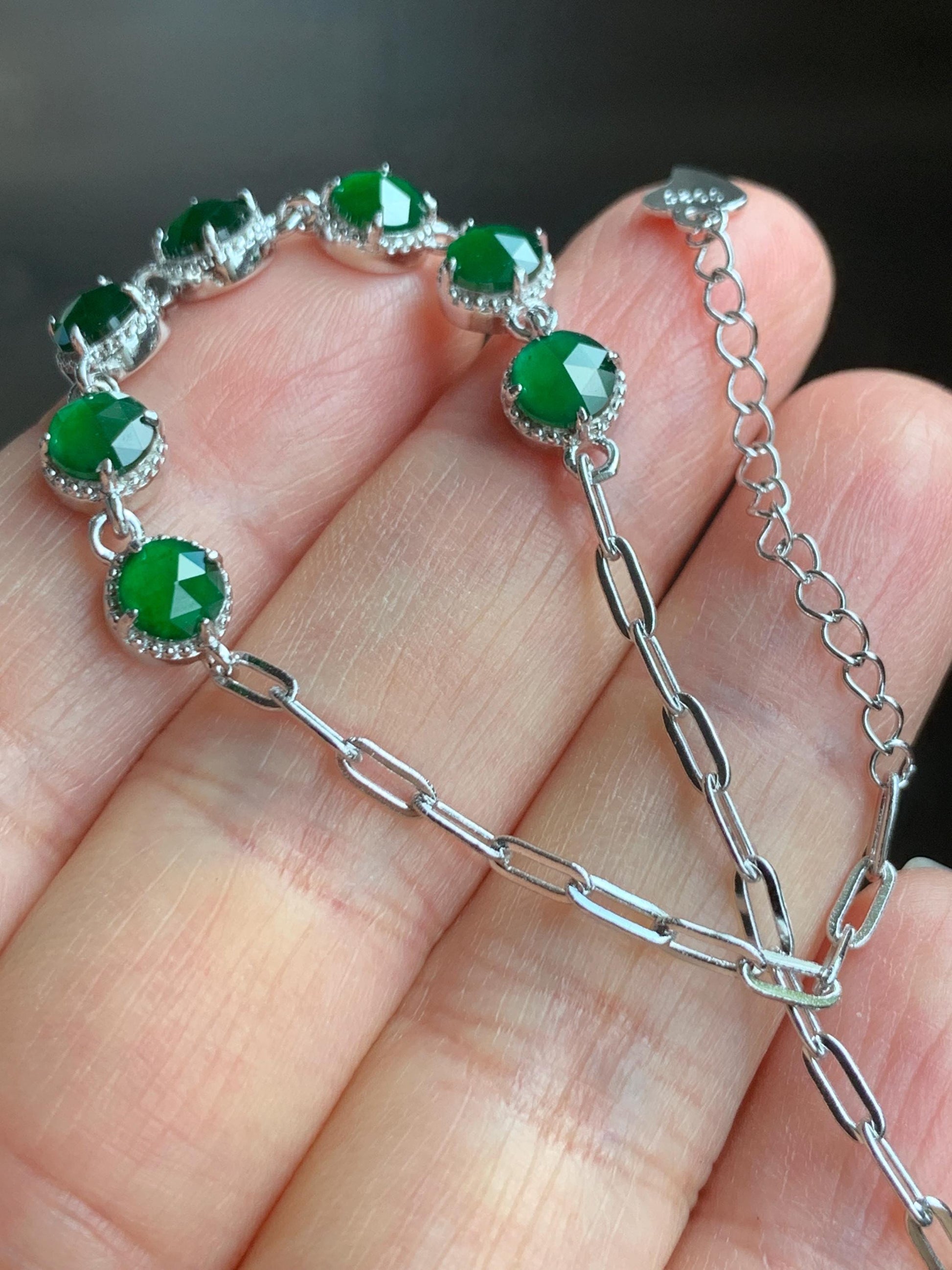 Natural Grade A Guatemalan Icy Translucent Vibrant Green Faceted Jadeite 7-Stone Chain Bracelet Sterling Silver 3g