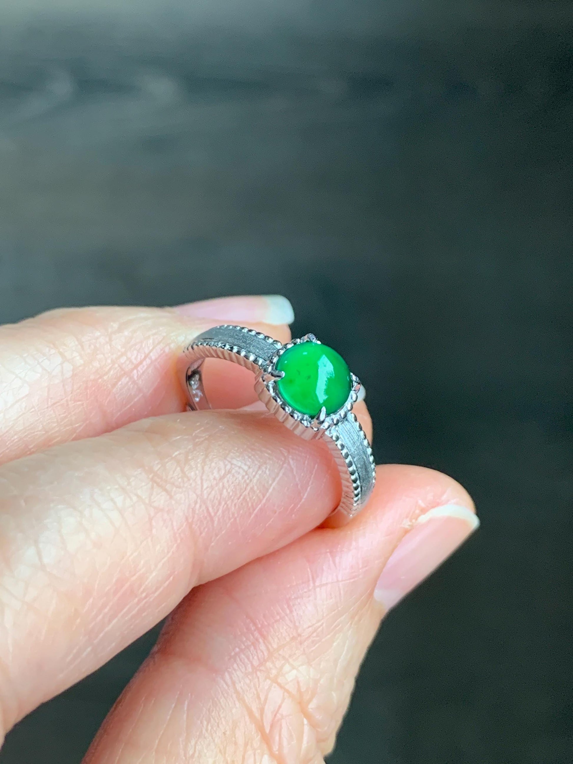 Natural Guatemalan Grade A Icy Translucent Vibrant Green Jadeite Solitaire Band Style Ring Sterling Silver Size Adjustable