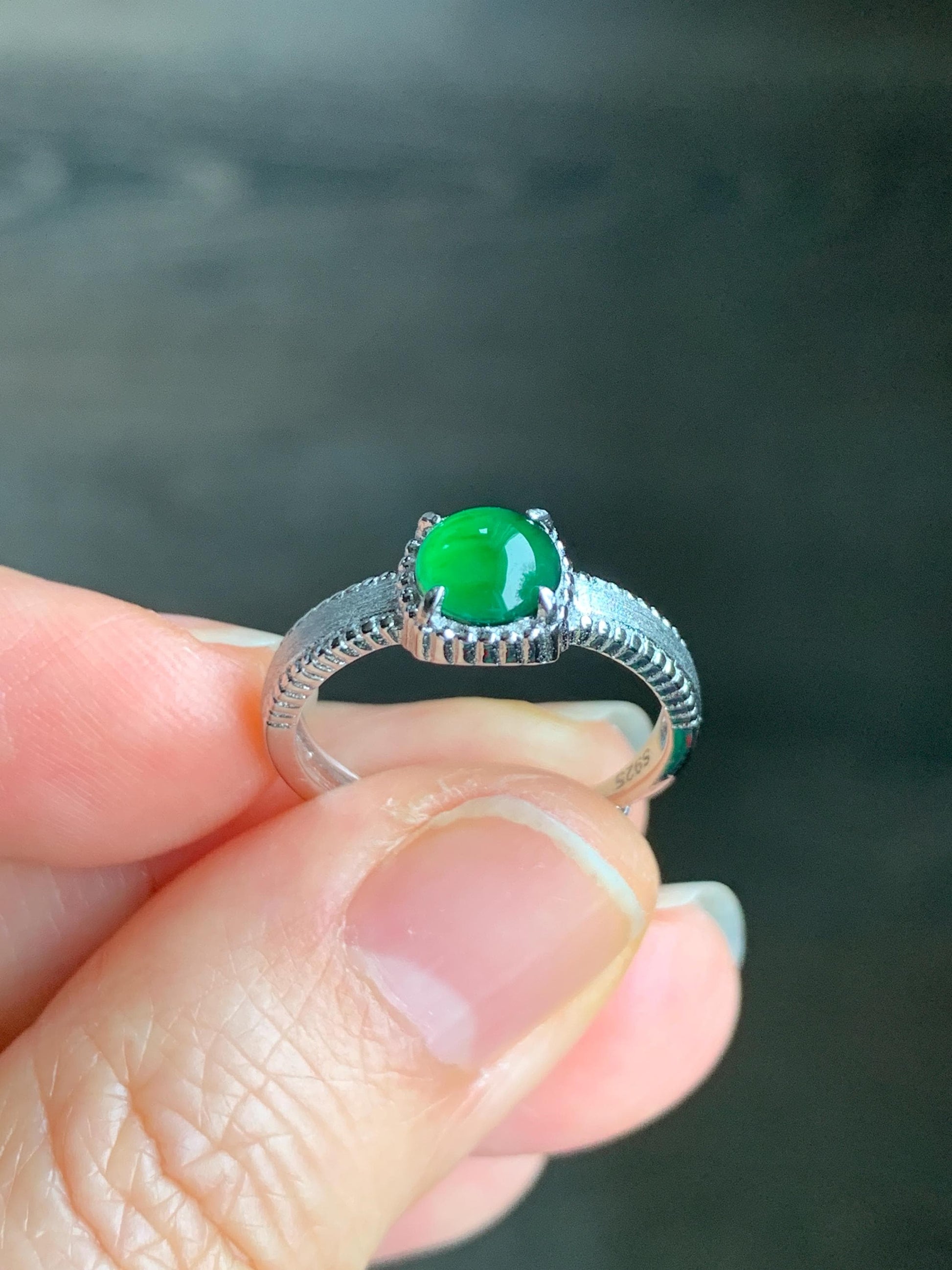 Natural Guatemalan Grade A Icy Translucent Vibrant Green Jadeite Solitaire Band Style Ring Sterling Silver Size Adjustable