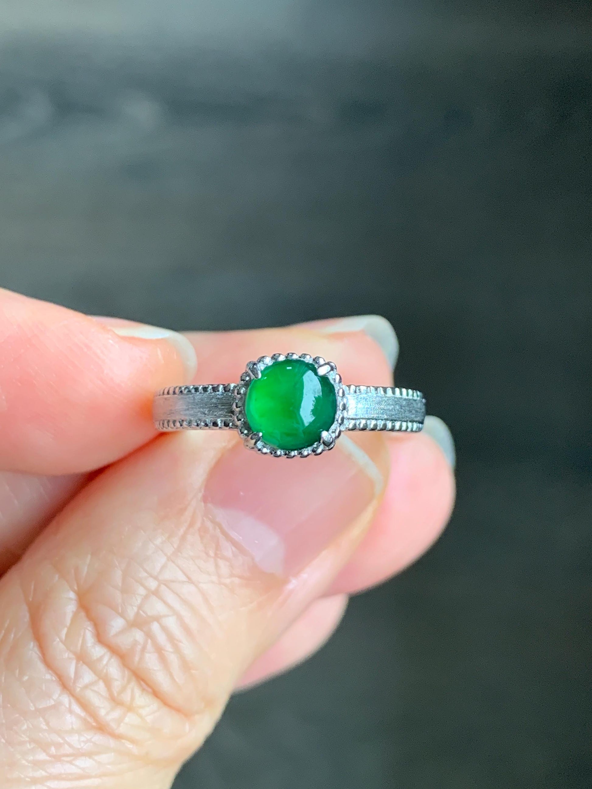 Natural Guatemalan Grade A Icy Translucent Vibrant Green Jadeite Solitaire Band Style Ring Sterling Silver Size Adjustable