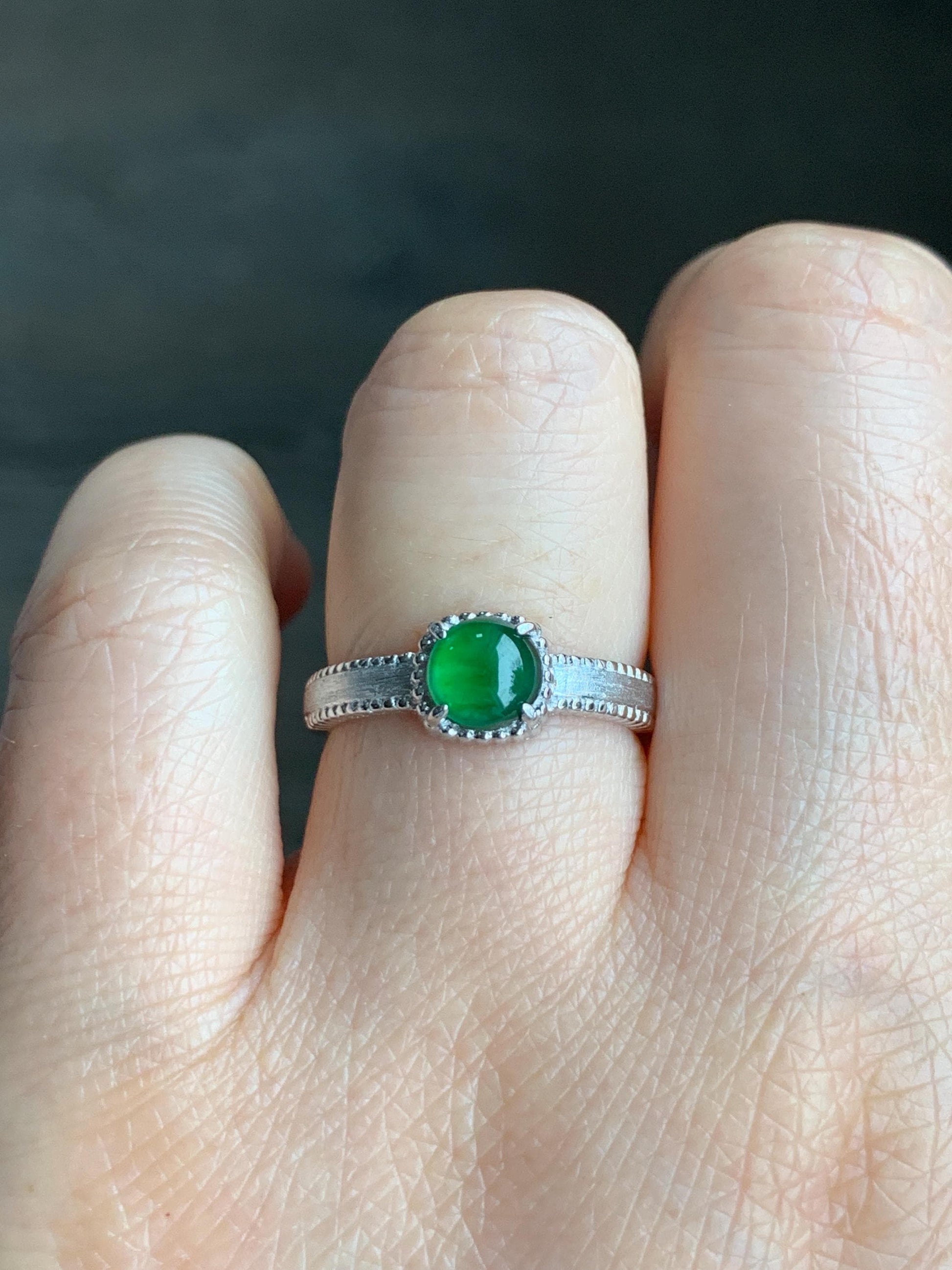 Natural Guatemalan Grade A Icy Translucent Vibrant Green Jadeite Solitaire Band Style Ring Sterling Silver Size Adjustable