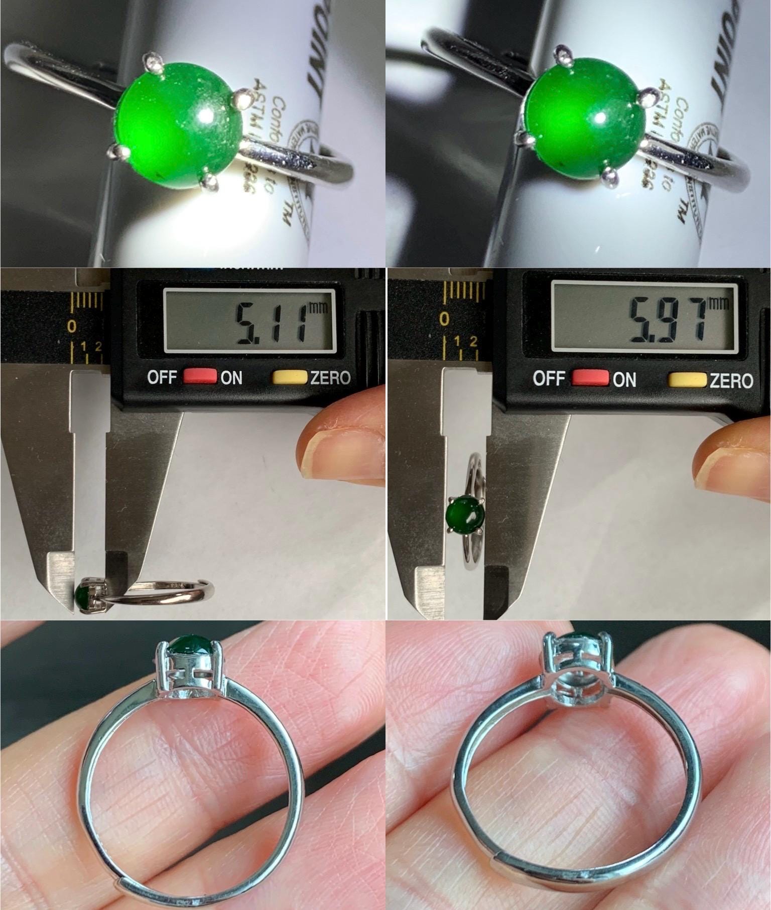 Natural Guatemalan Grade A Icy Translucent Vibrant Green Jadeite Solitaire Style Ring Sterling Silver Size Adjustable 天然冰危绿翡翠银镶戒指 DKLM68