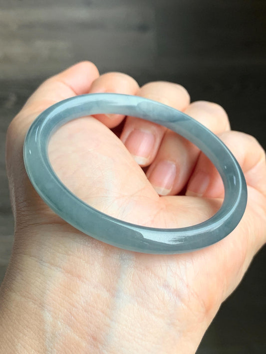 Certified Natural Grade A Guatemalan Icy Translucent Gelatinous Dusty Blue Jadeite Bangle Bracelet 53.8mm 23.68g 天然冰危起胶蓝水翡翠圆条手镯