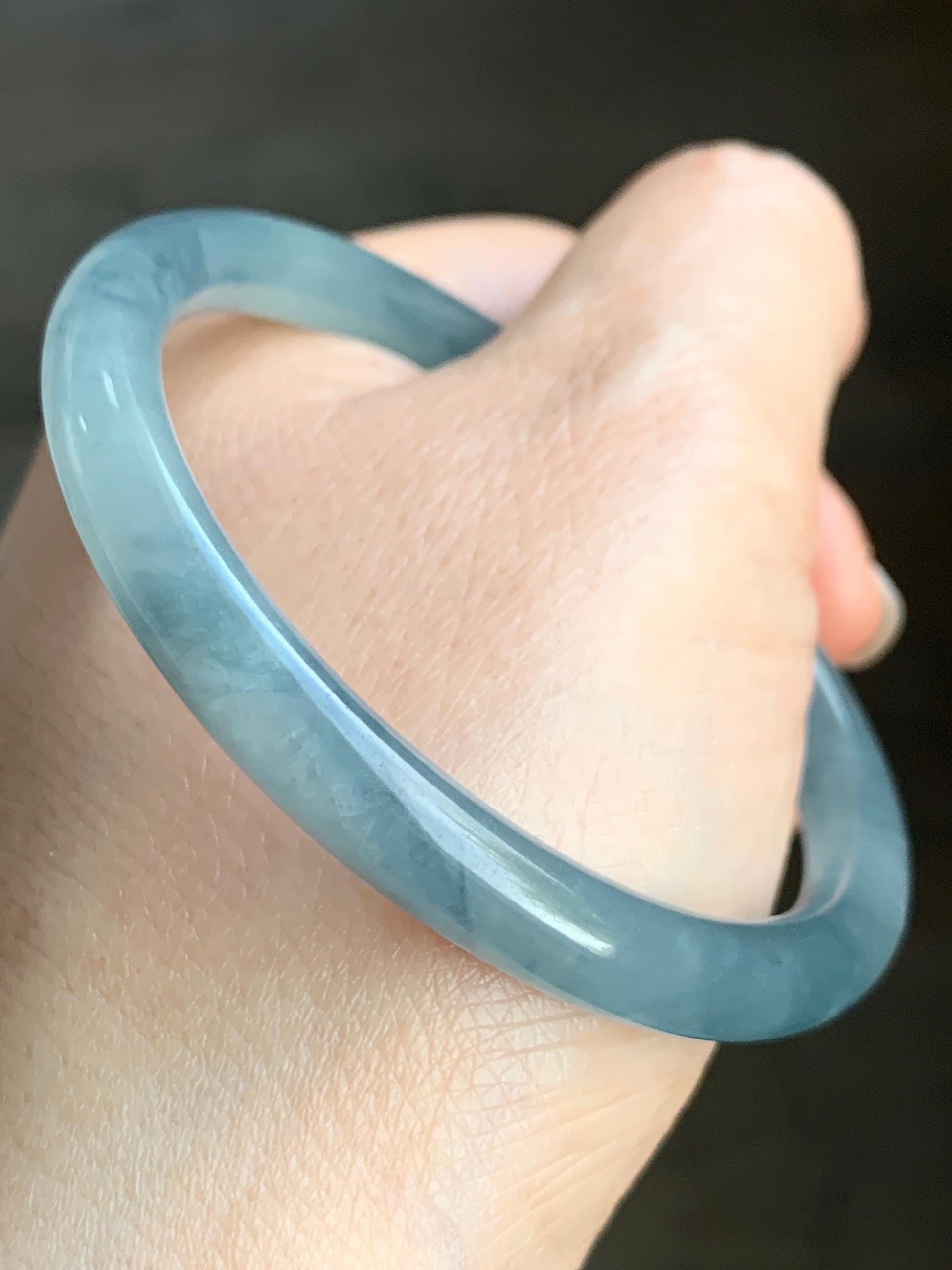 Certified Natural Grade A Guatemalan Icy Translucent Gelatinous Dusty Blue Jadeite Bangle Bracelet 53.8mm 23.68g
