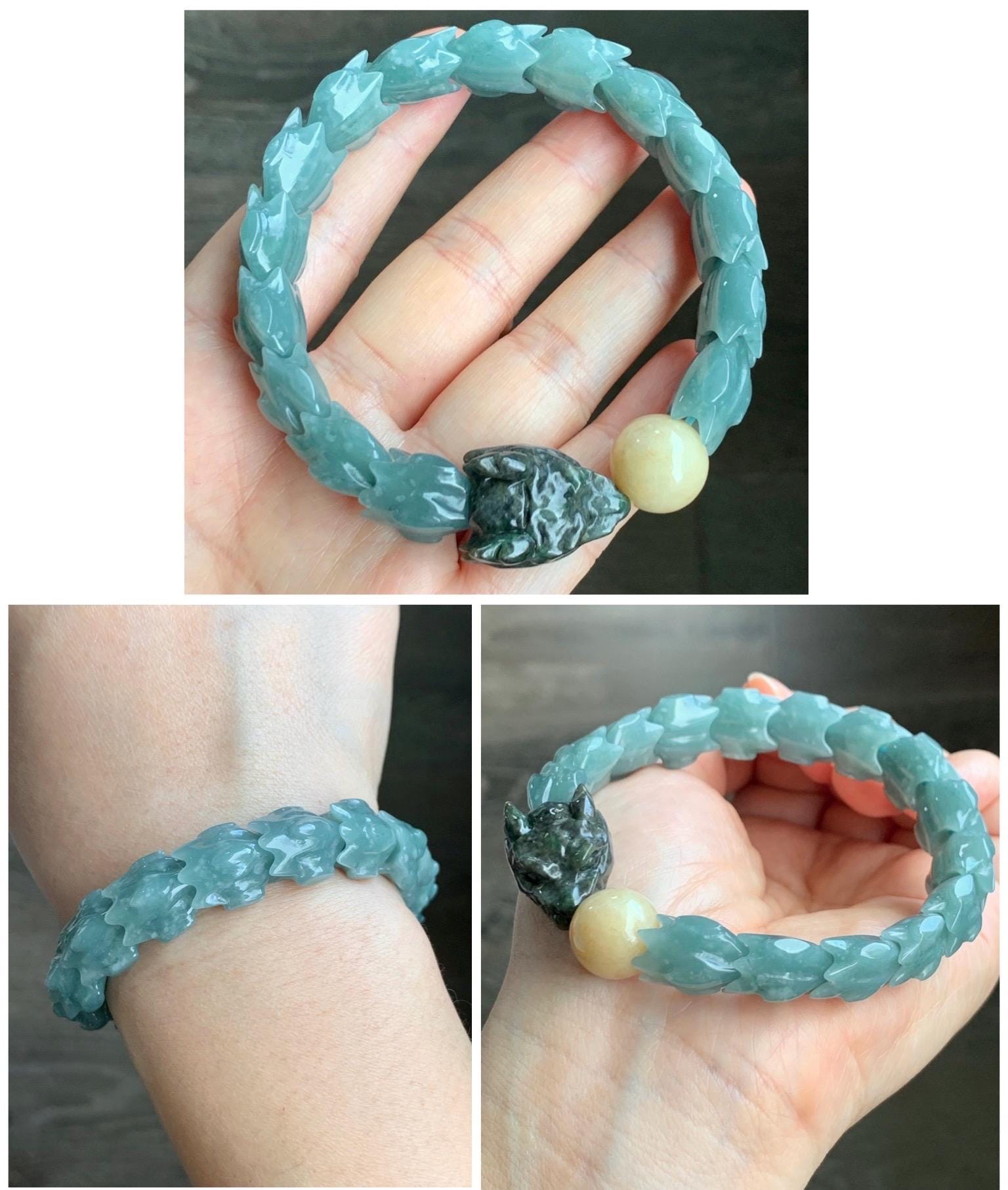 Natural Guatemalan Icy Translucent Dusty Light Blue Wuji Jadeite Carved Dragon Bone & Sphere Beaded Bracelet