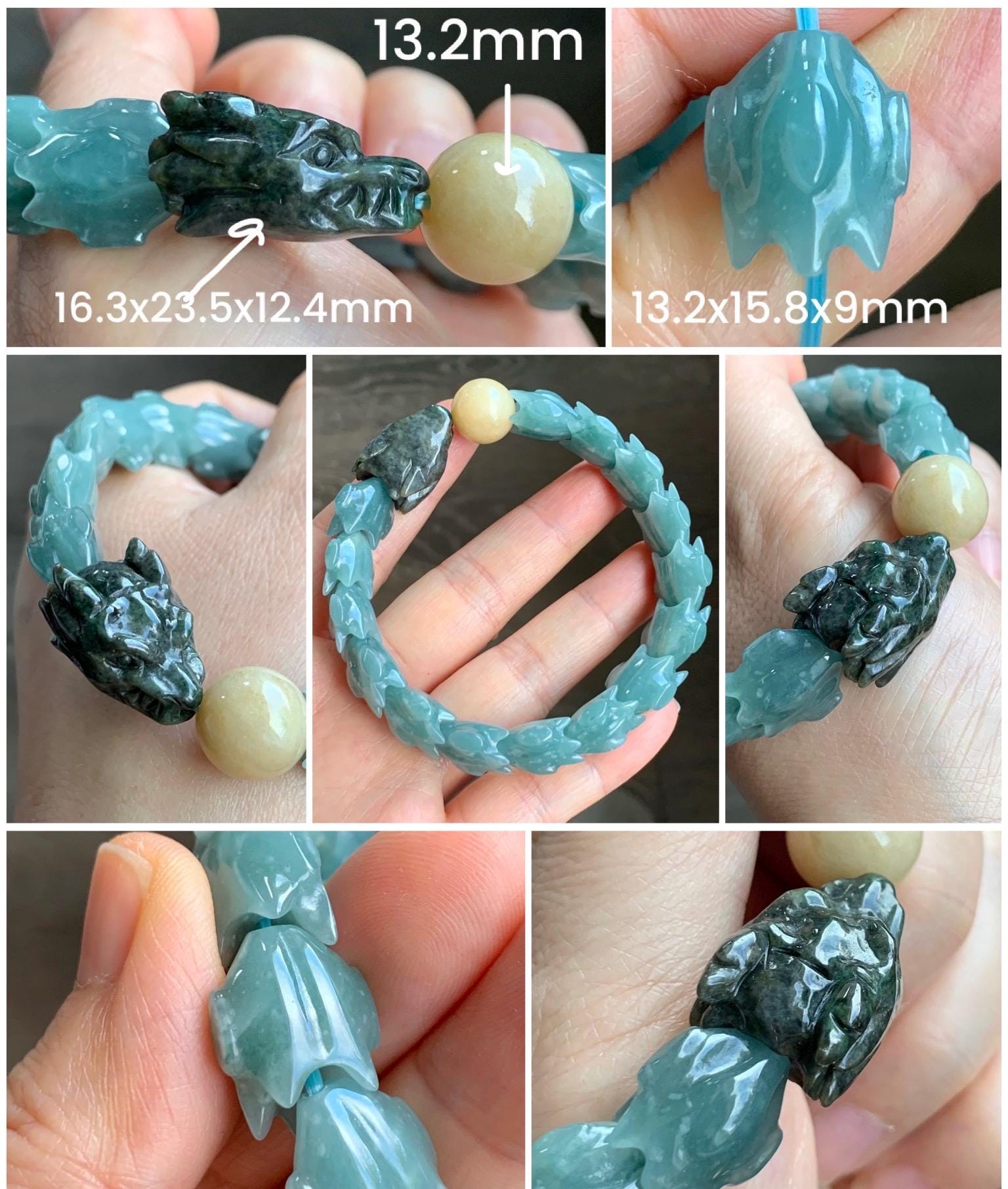 Natural Guatemalan Icy Translucent Dusty Light Blue Wuji Jadeite Carved Dragon Bone & Sphere Beaded Bracelet