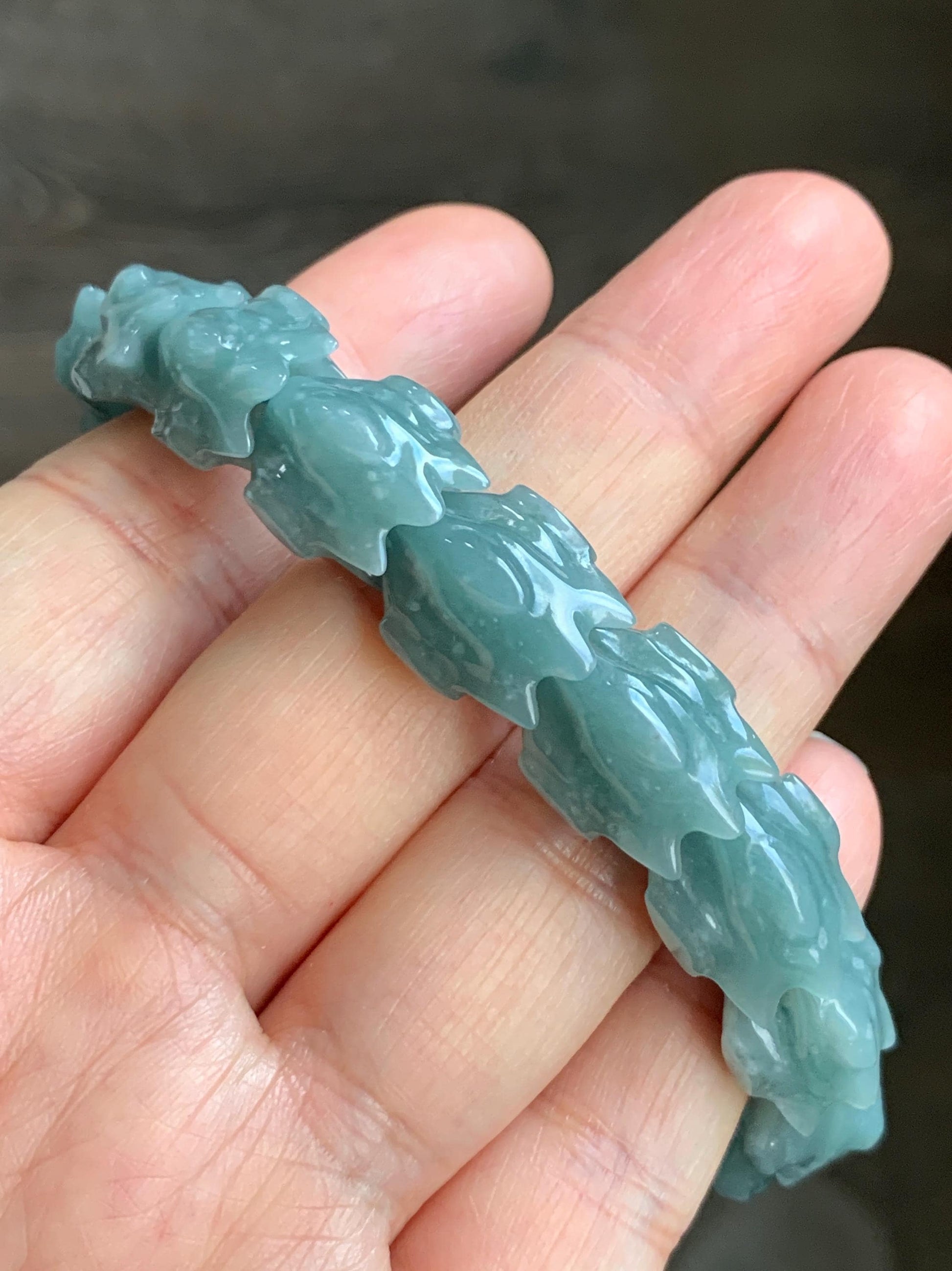Natural Guatemalan Icy Translucent Dusty Light Blue Wuji Jadeite Carved Dragon Bone & Sphere Beaded Bracelet