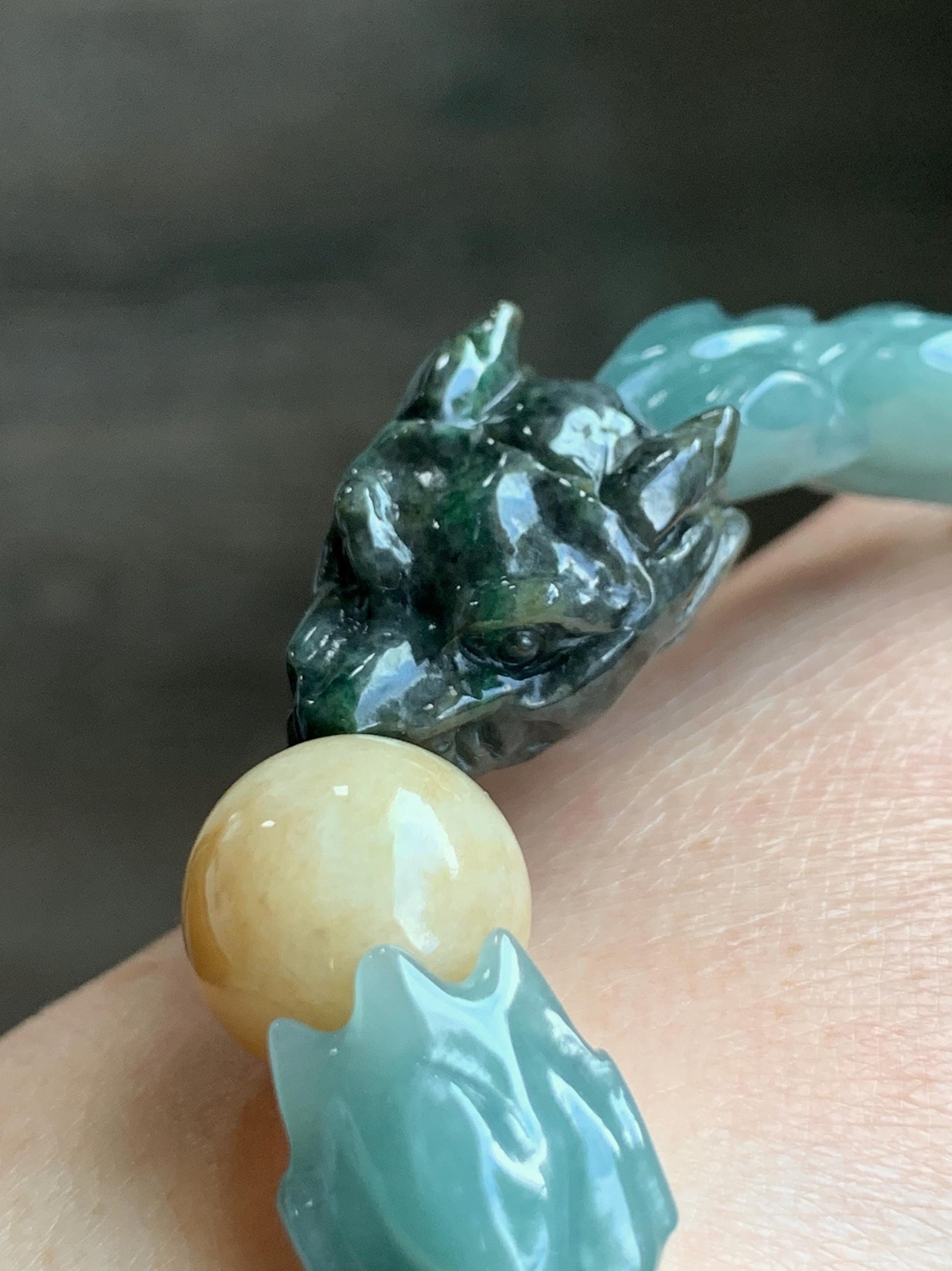 Natural Guatemalan Icy Translucent Dusty Light Blue Wuji Jadeite Carved Dragon Bone & Sphere Beaded Bracelet
