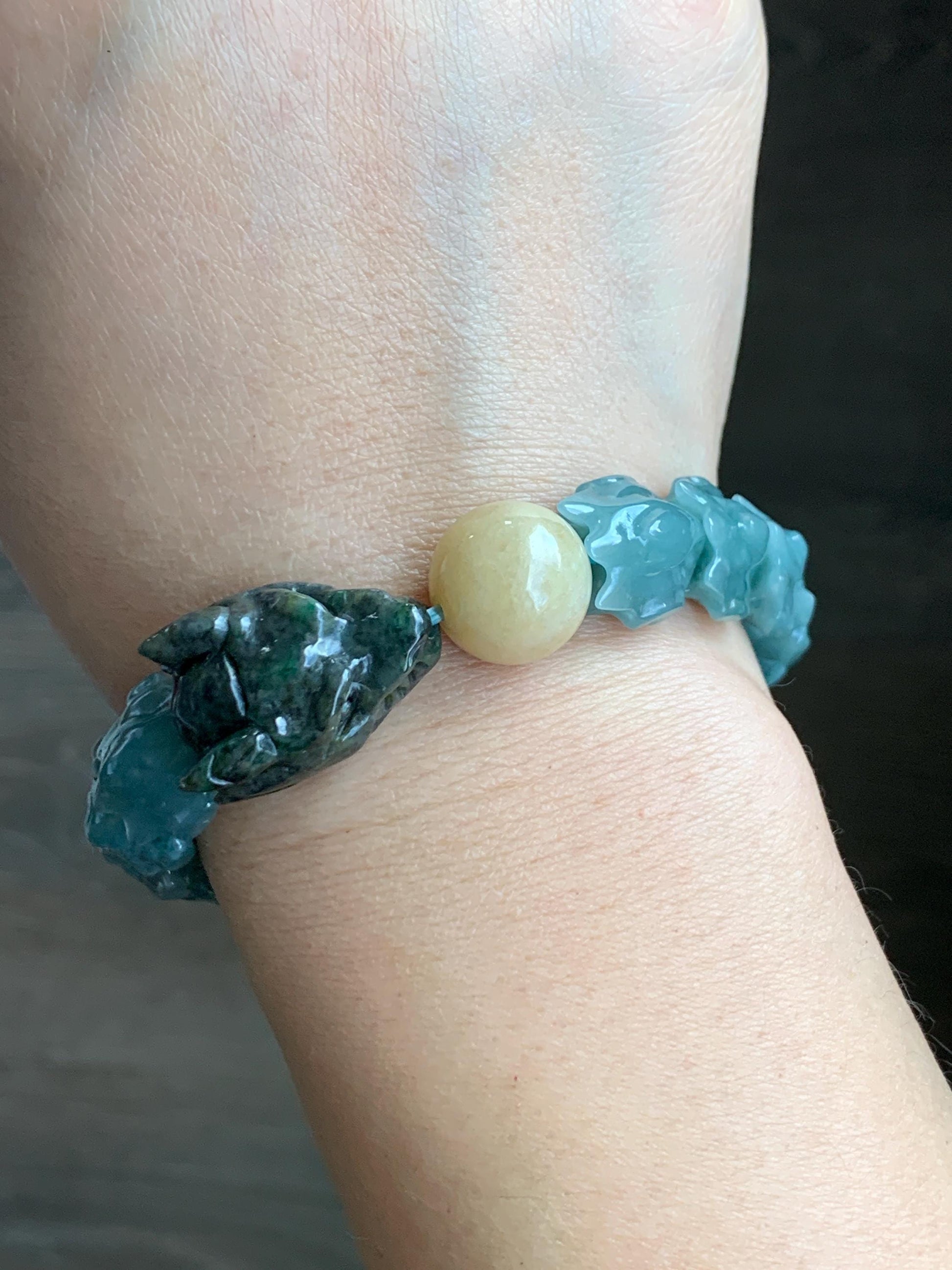 Natural Guatemalan Icy Translucent Dusty Light Blue Wuji Jadeite Carved Dragon Bone & Sphere Beaded Bracelet