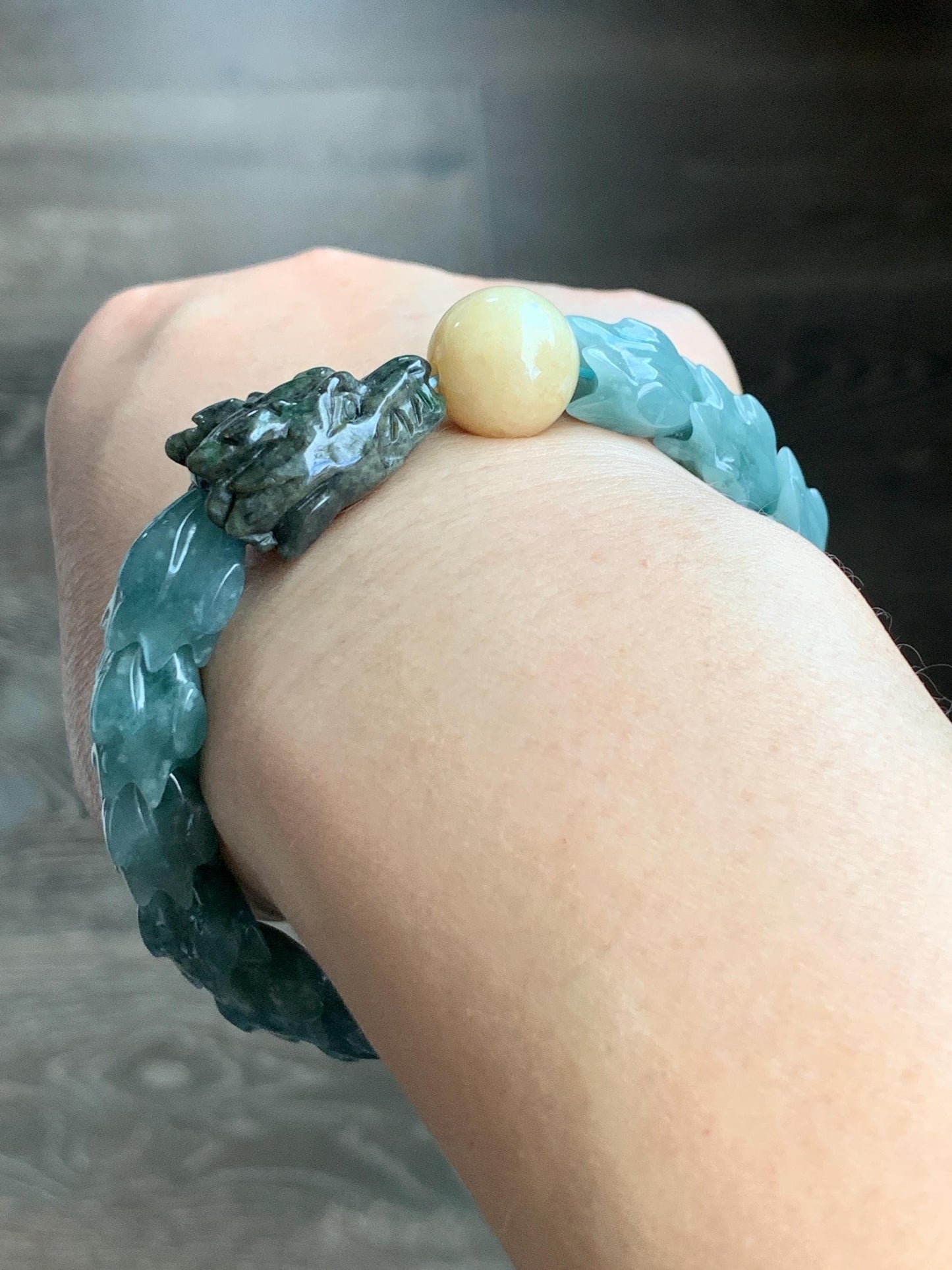 Natural Guatemalan Icy Translucent Dusty Light Blue Wuji Jadeite Carved Dragon Bone & Sphere Beaded Bracelet