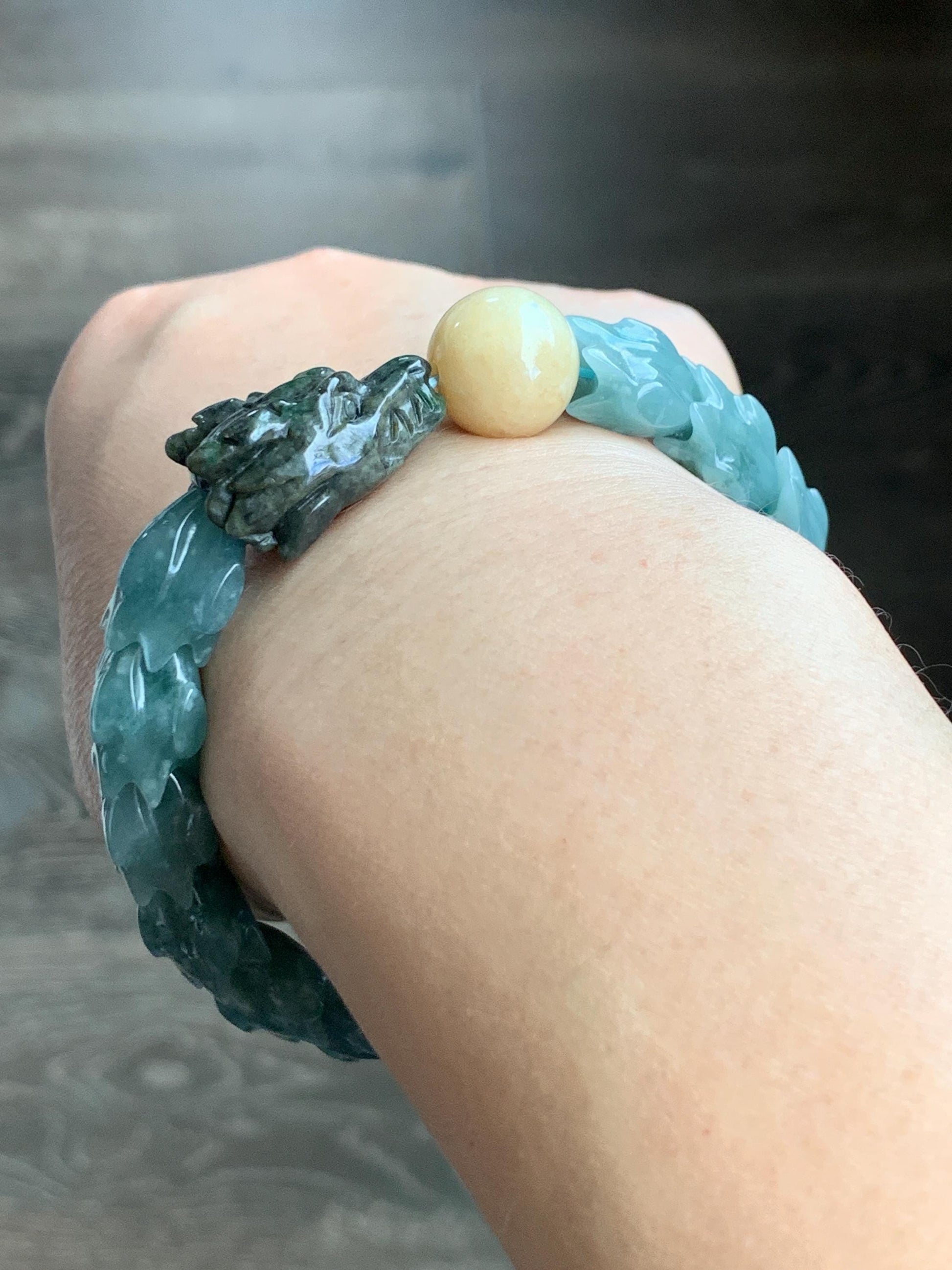 Natural Guatemalan Icy Translucent Dusty Light Blue Wuji Jadeite Carved Dragon Bone & Sphere Beaded Bracelet