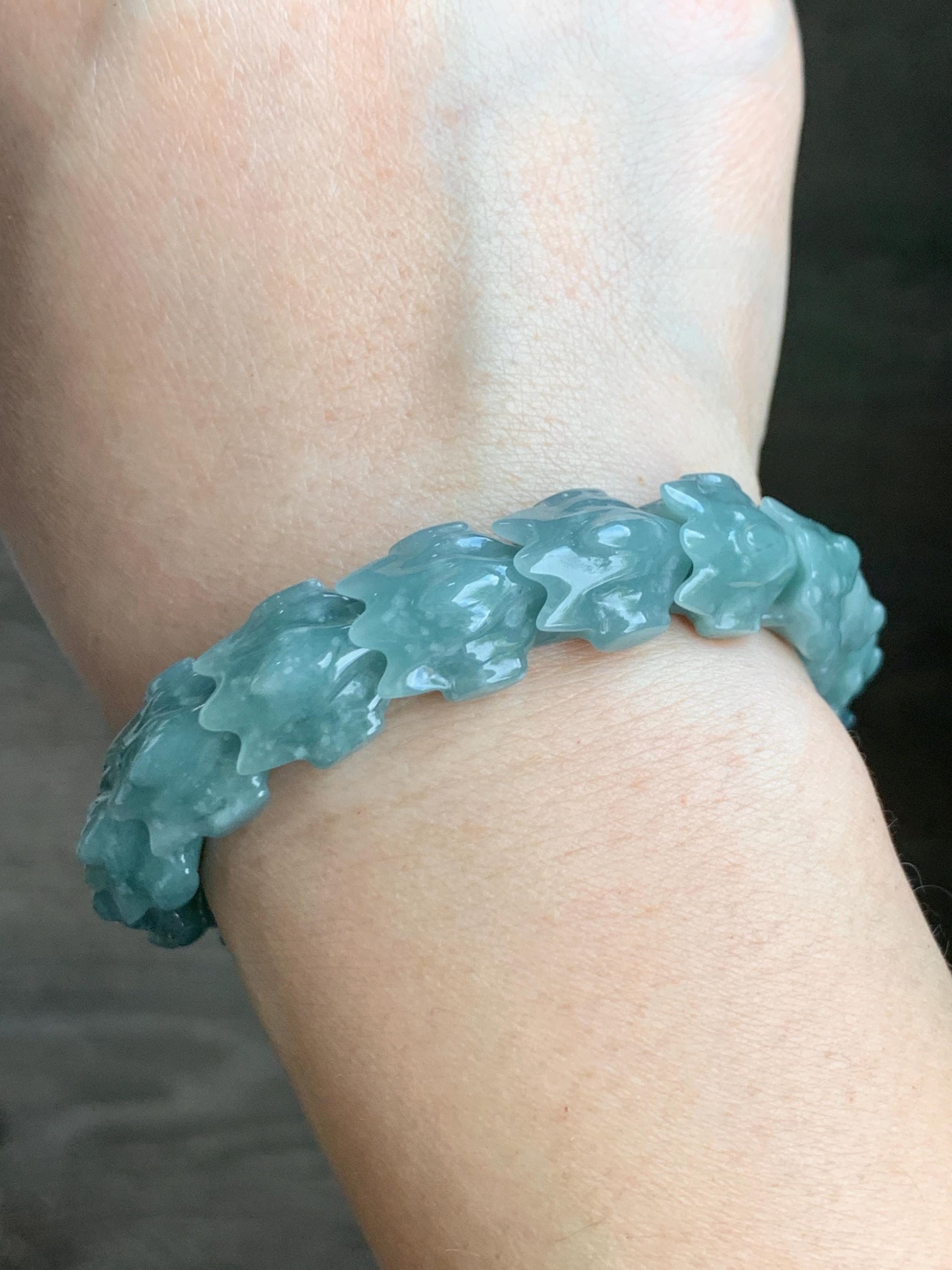 Natural Guatemalan Icy Translucent Dusty Light Blue Wuji Jadeite Carved Dragon Bone & Sphere Beaded Bracelet
