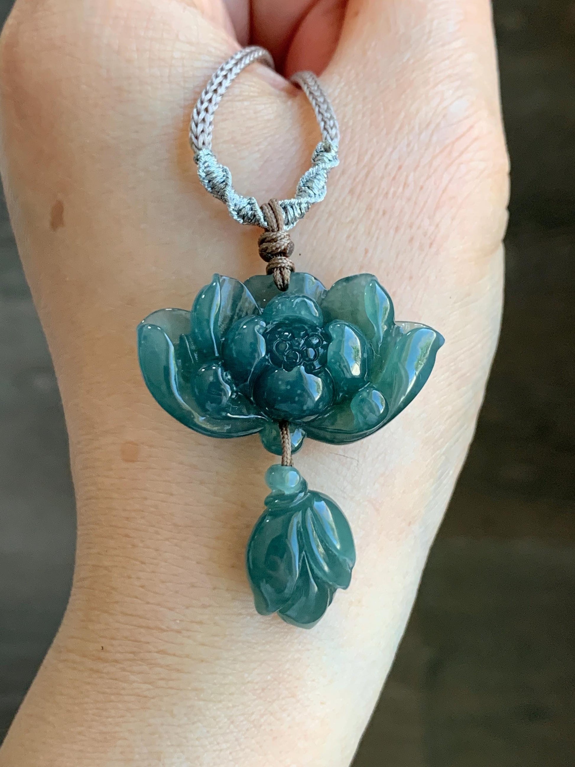 Natural Grade A Guatemalan Icy Translucent Dark Teal Green Jadeite Lotus Flower Pendant Rope Necklace Adjustable 24” 14g 天然冰危深蓝绿翡翠莲花花苞吊坠挂件 A