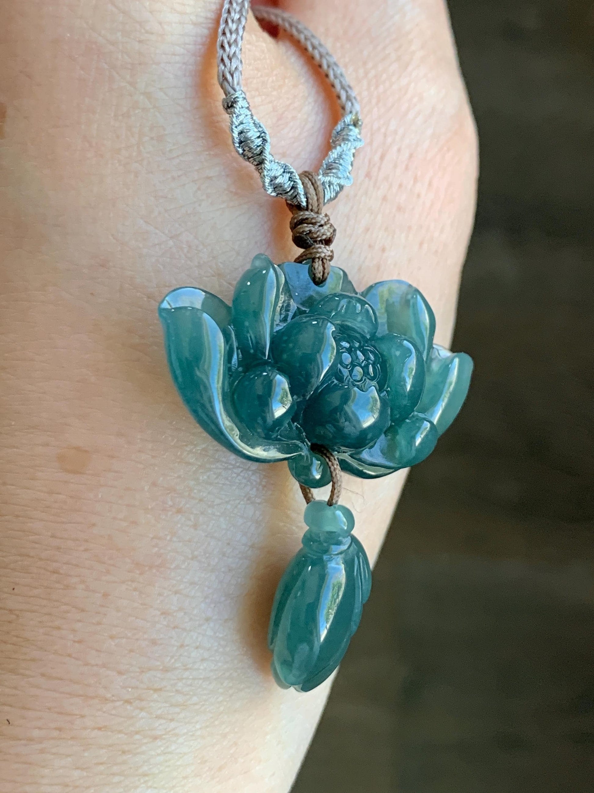 Natural Grade A Guatemalan Icy Translucent Dark Teal Green Jadeite Lotus Flower Pendant Rope Necklace Adjustable 24” 14g 天然冰危深蓝绿翡翠莲花花苞吊坠挂件 A