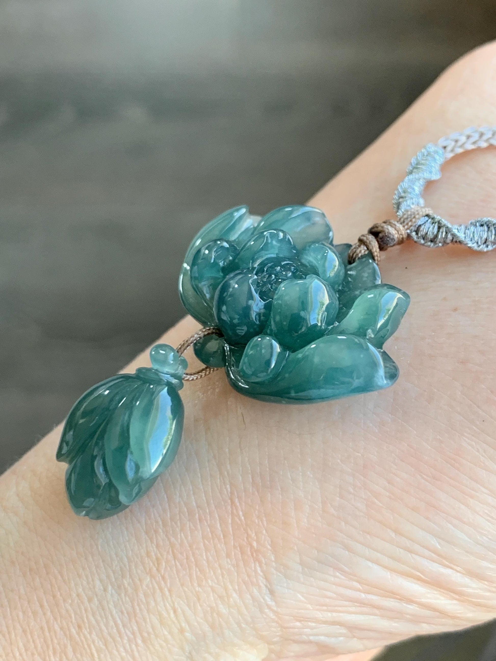 Natural Grade A Guatemalan Icy Translucent Dark Teal Green Jadeite Lotus Flower Pendant Rope Necklace Adjustable 24” 14g 天然冰危深蓝绿翡翠莲花花苞吊坠挂件 A