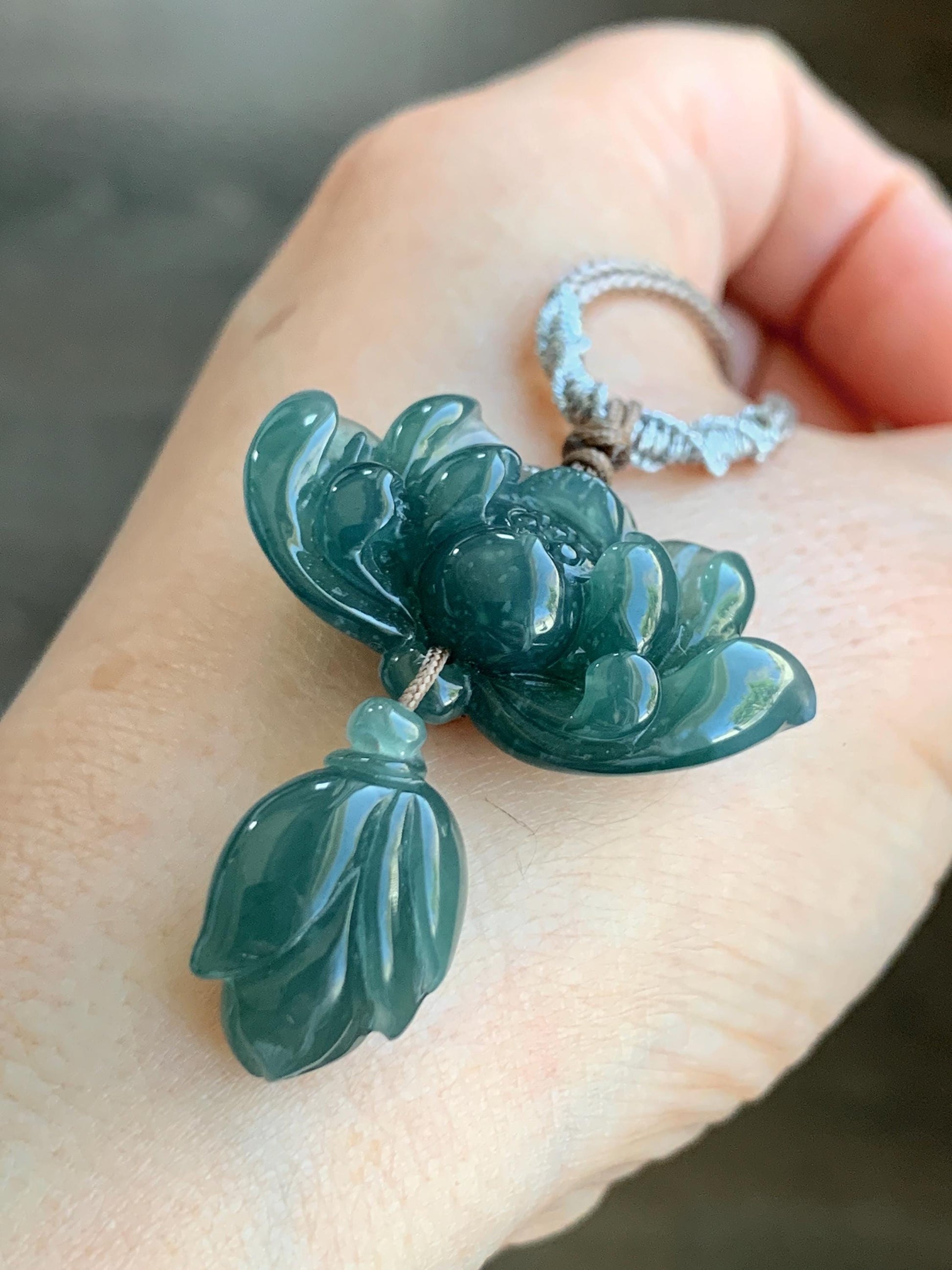 Natural Grade A Guatemalan Icy Translucent Dark Teal Green Jadeite Lotus Flower Pendant Rope Necklace Adjustable 24” 14g 天然冰危深蓝绿翡翠莲花花苞吊坠挂件 A