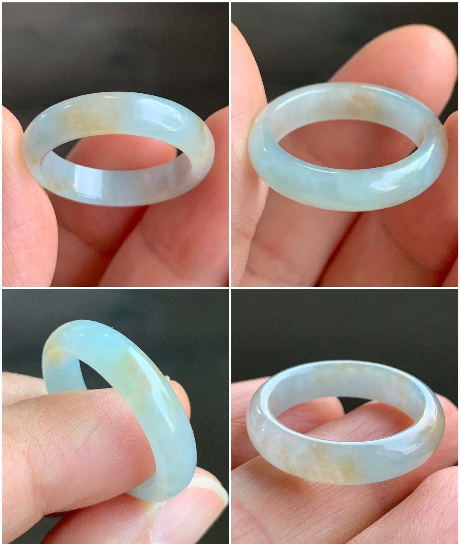 Natural Grade A Icy Translucent Bicolored Pastel Blue Golden Yellow Marbled Jadeite Band Ring Size 8.5 US 天然冰胶浅蓝撒金翡翠戒圈 SHS66