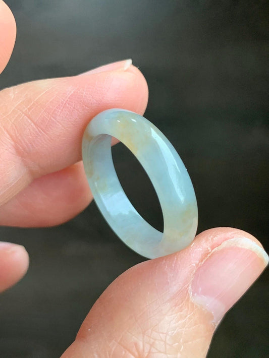 Natural Grade A Icy Translucent Bicolored Pastel Blue Golden Yellow Marbled Jadeite Band Ring Size 8.5 US 天然冰胶浅蓝撒金翡翠戒圈