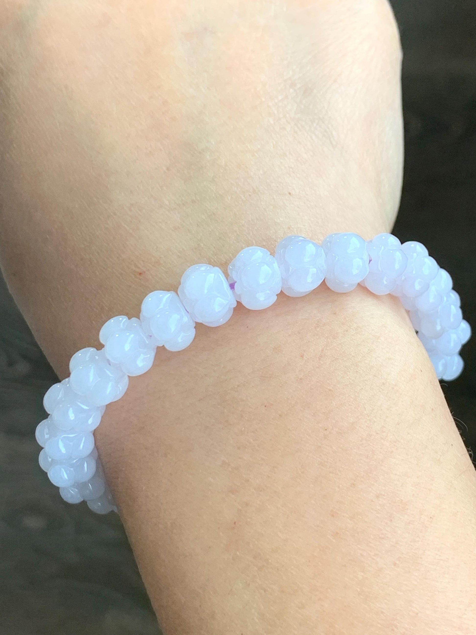 Natural Grade A Icy Translucent Icy White Jadeite w/ Pastel Purple Undertone Lotus Flower beads Beaded Bracelet 6.75” 21g 天然糯冰淡紫底翡翠莲花珠手串