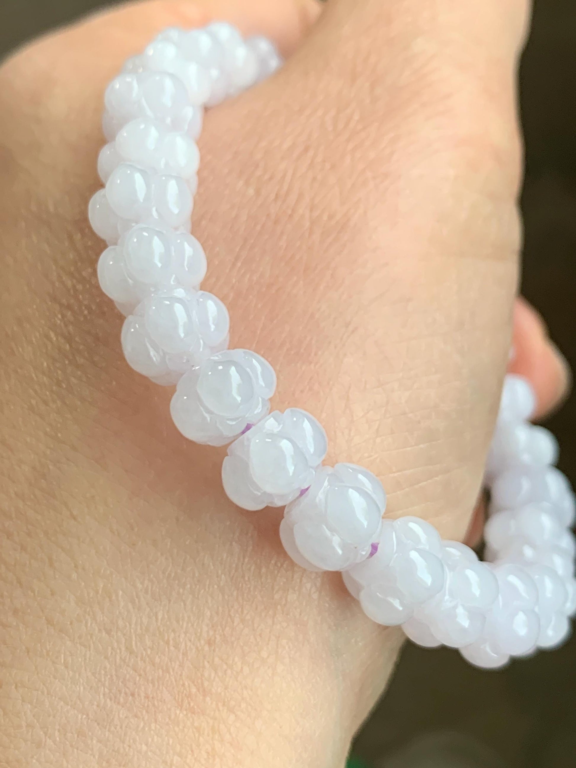 Natural Grade A Icy Translucent Icy White Jadeite w/ Pastel Purple Undertone Lotus Flower beads Beaded Bracelet 6.75” 21g 天然糯冰淡紫底翡翠莲花珠手串