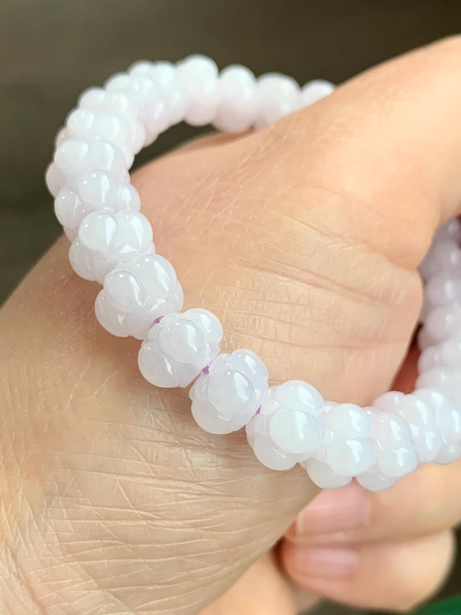 Natural Grade A Icy Translucent Icy White Jadeite w/ Pastel Purple Undertone Lotus Flower beads Beaded Bracelet 6.75” 21g 天然糯冰淡紫底翡翠莲花珠手串