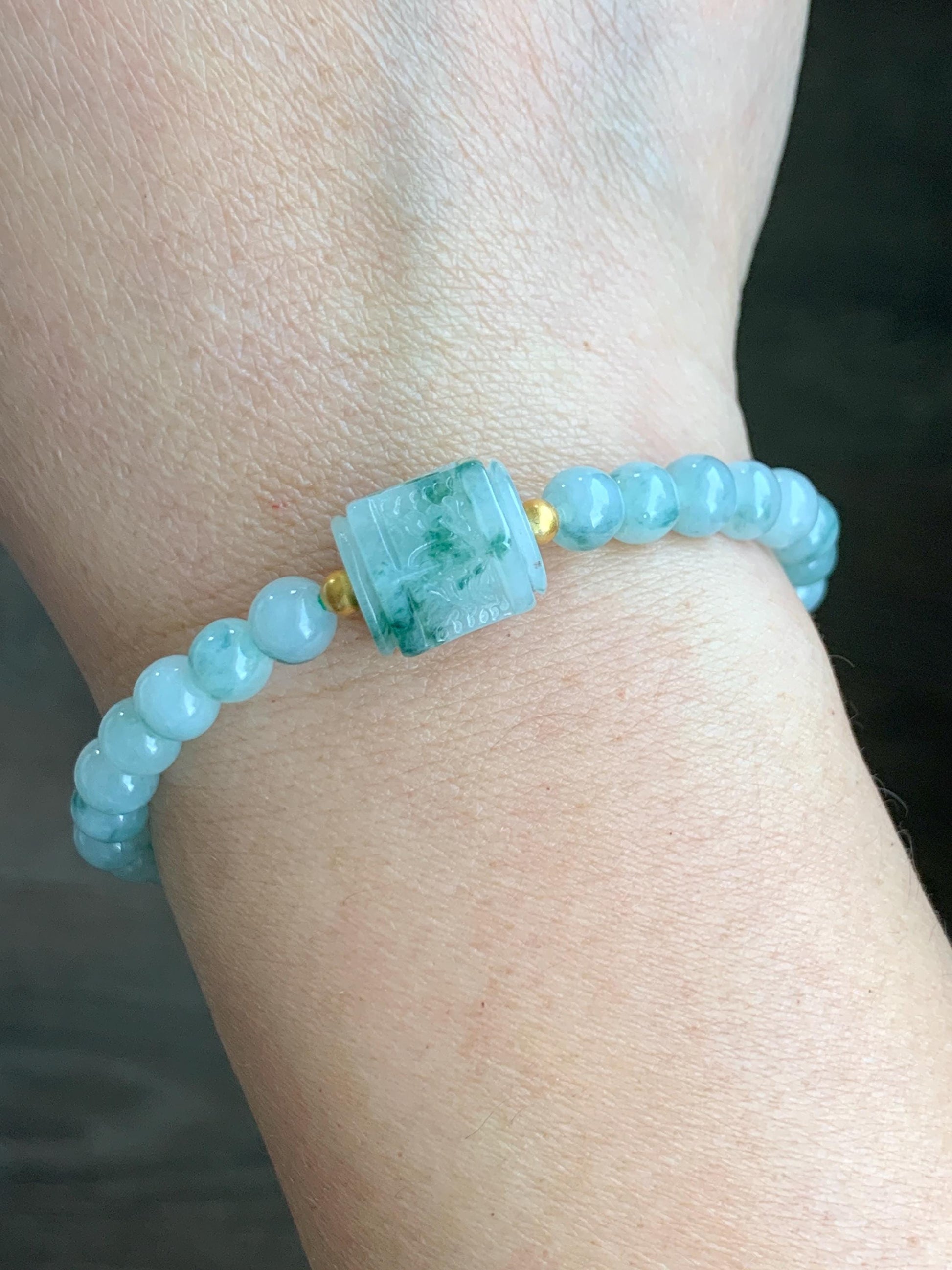 Natural Grade A Icy Translucent Green Marbled Jadeite Jadeite Engraved Six Word Mantra Hexagon Bead Beaded Bracelet Sterling Silver Stretchy