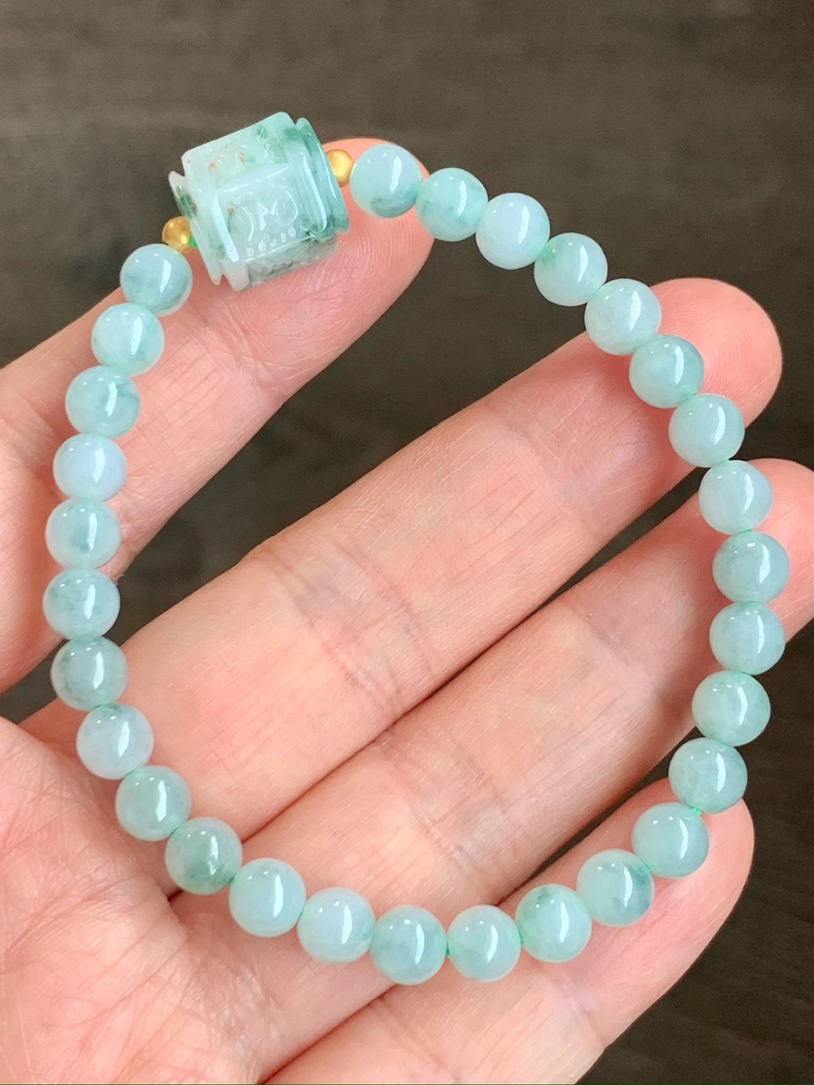 Natural Grade A Icy Translucent Green Marbled Jadeite Jadeite Engraved Six Word Mantra Hexagon Bead Beaded Bracelet Sterling Silver Stretchy