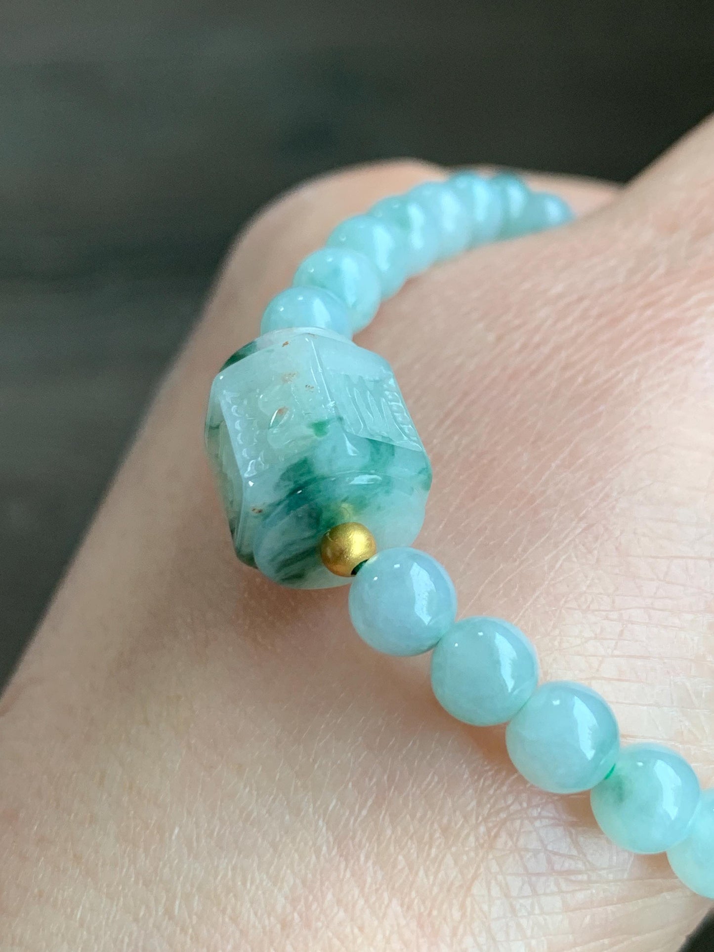 Natural Grade A Icy Translucent Green Marbled Jadeite Jadeite Engraved Six Word Mantra Hexagon Bead Beaded Bracelet Sterling Silver Stretchy