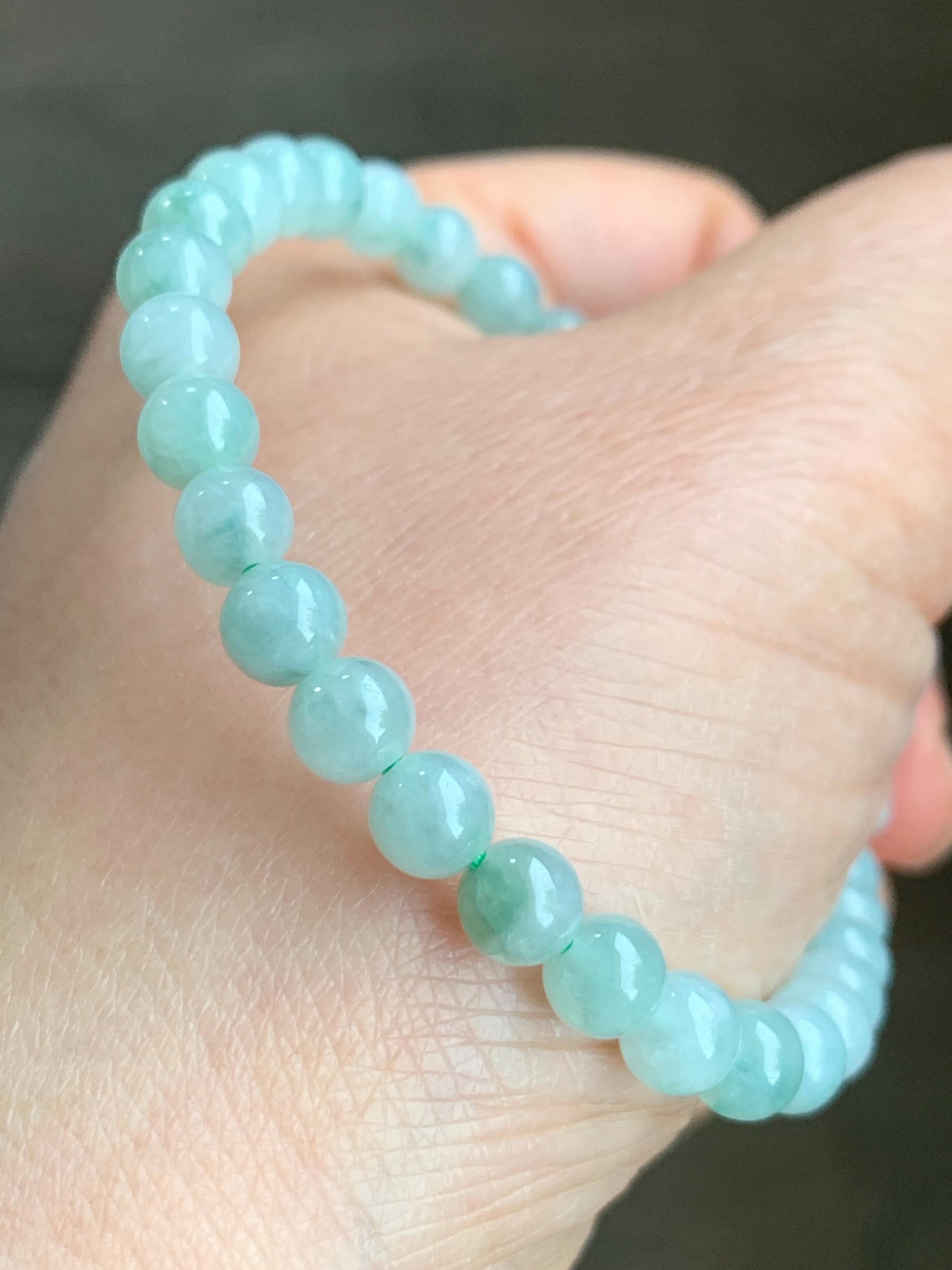 Natural Grade A Icy Translucent Green Marbled Jadeite Jadeite Engraved Six Word Mantra Hexagon Bead Beaded Bracelet Sterling Silver Stretchy