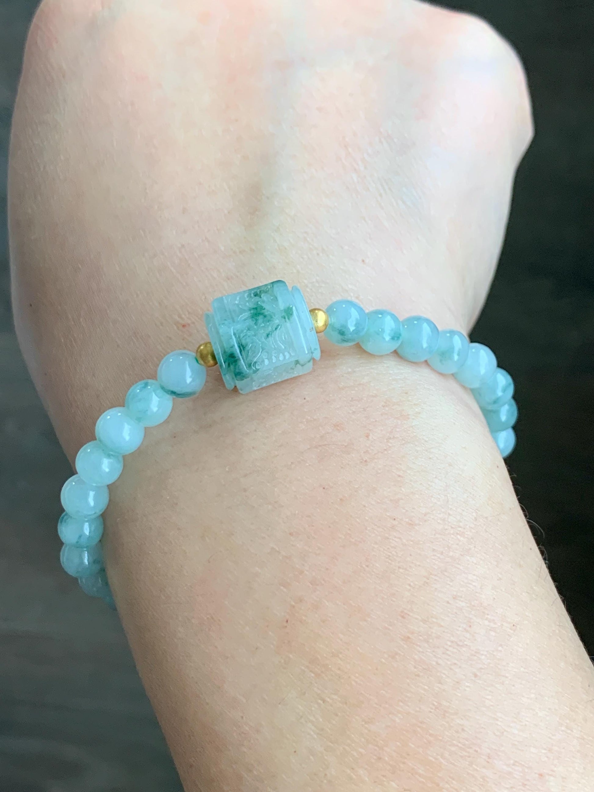Natural Grade A Icy Translucent Green Marbled Jadeite Jadeite Engraved Six Word Mantra Hexagon Bead Beaded Bracelet Sterling Silver Stretchy