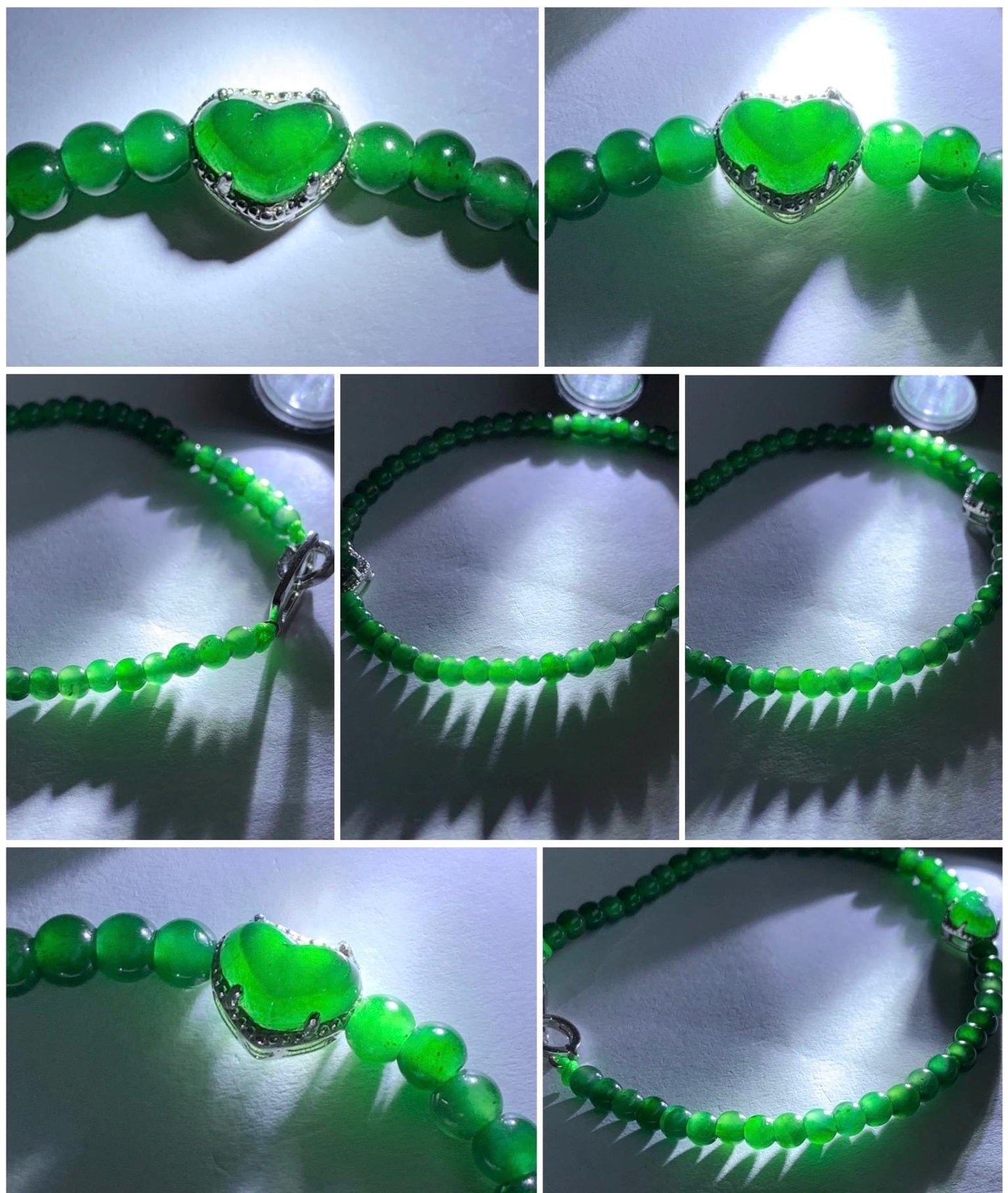 Natural Grade A Guatemalan Icy Translucent Vibrant Green Jadeite Beads Heart Charm Beaded Bracelet Sterling Silver 6.75” 5g 天然冰危绿翡翠爱心小圆珠手串
