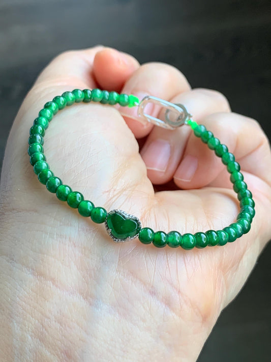Natural Grade A Guatemalan Icy Translucent Vibrant Green Jadeite Beads Heart Charm Beaded Bracelet Sterling Silver 6.75” 5g 天然冰危绿翡翠爱心小圆珠手串