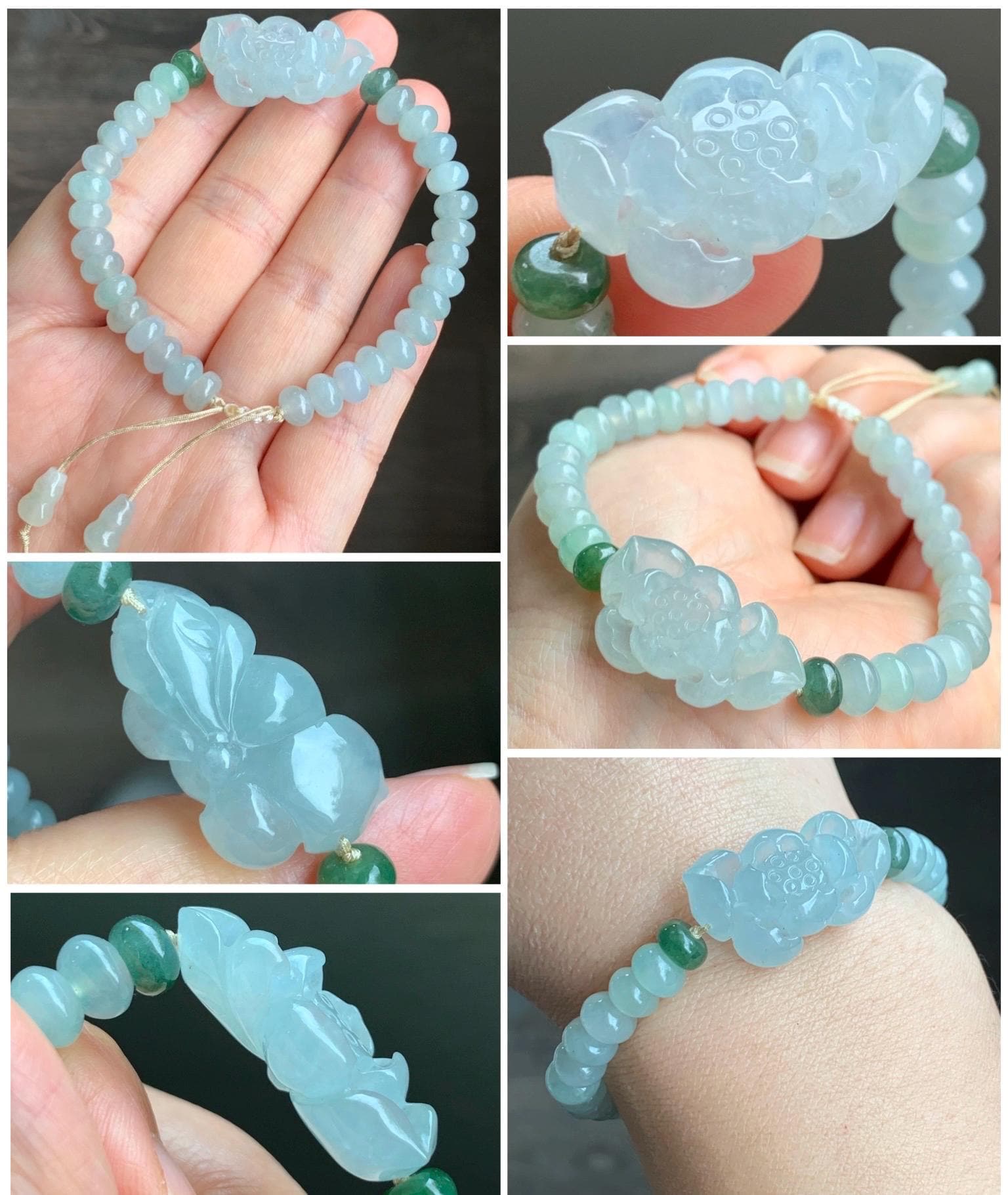 Certified Natural Grade A Icy Highly Translucent Gelatinous Light Green Jadeite Lotus Flower Beaded Bracelet