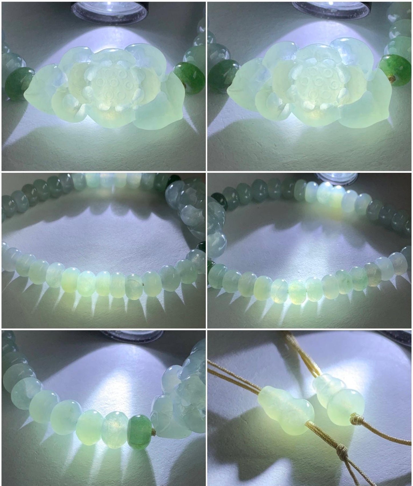 Certified Natural Grade A Icy Highly Translucent Gelatinous Light Green Jadeite Lotus Flower Beaded Bracelet 6.75" 15g 天然冰胶晴色翡翠莲花算盘珠手串 6922