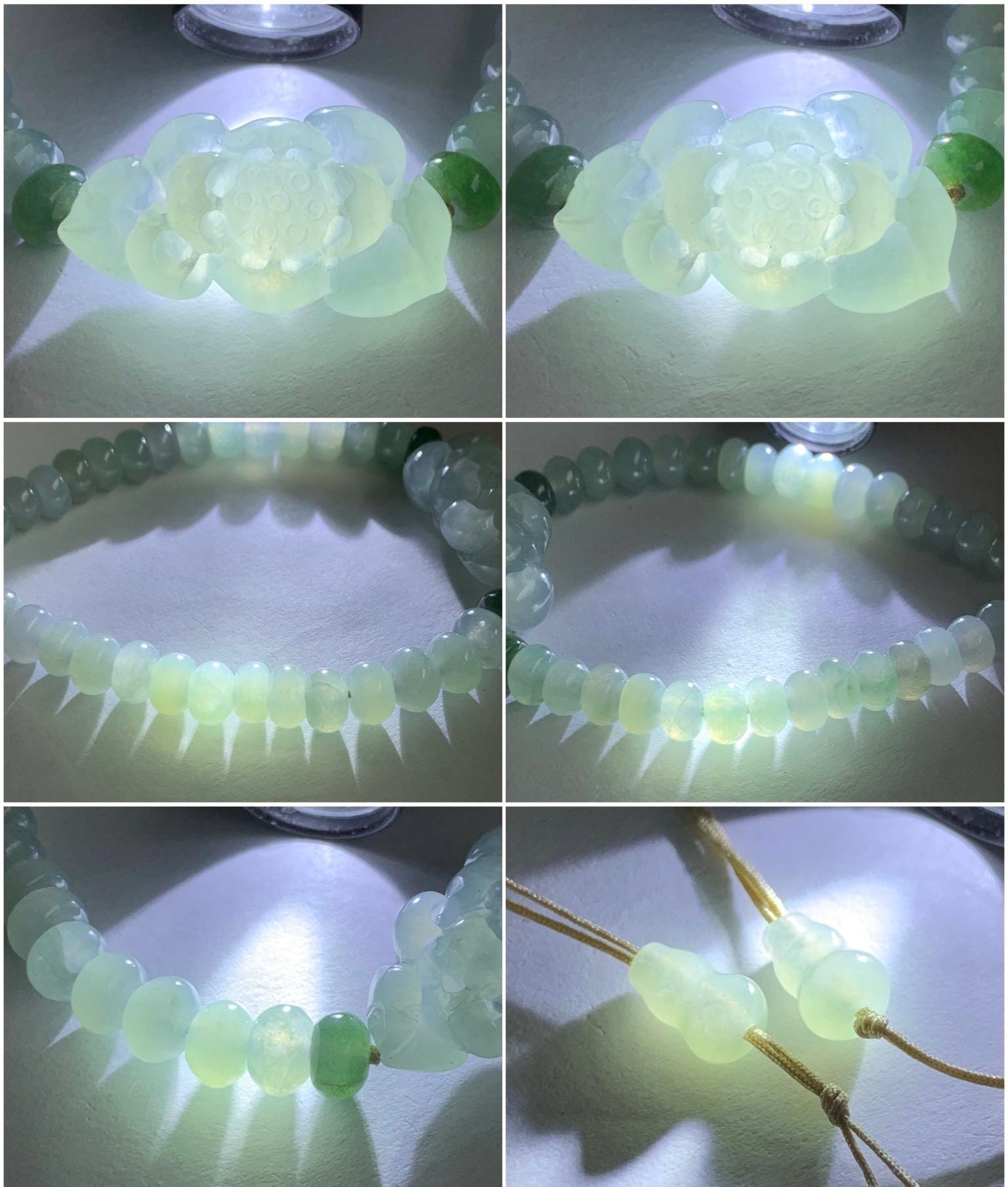 Certified Natural Grade A Icy Highly Translucent Gelatinous Light Green Jadeite Lotus Flower Beaded Bracelet 6.75" 15g 天然冰胶晴色翡翠莲花算盘珠手串 6922