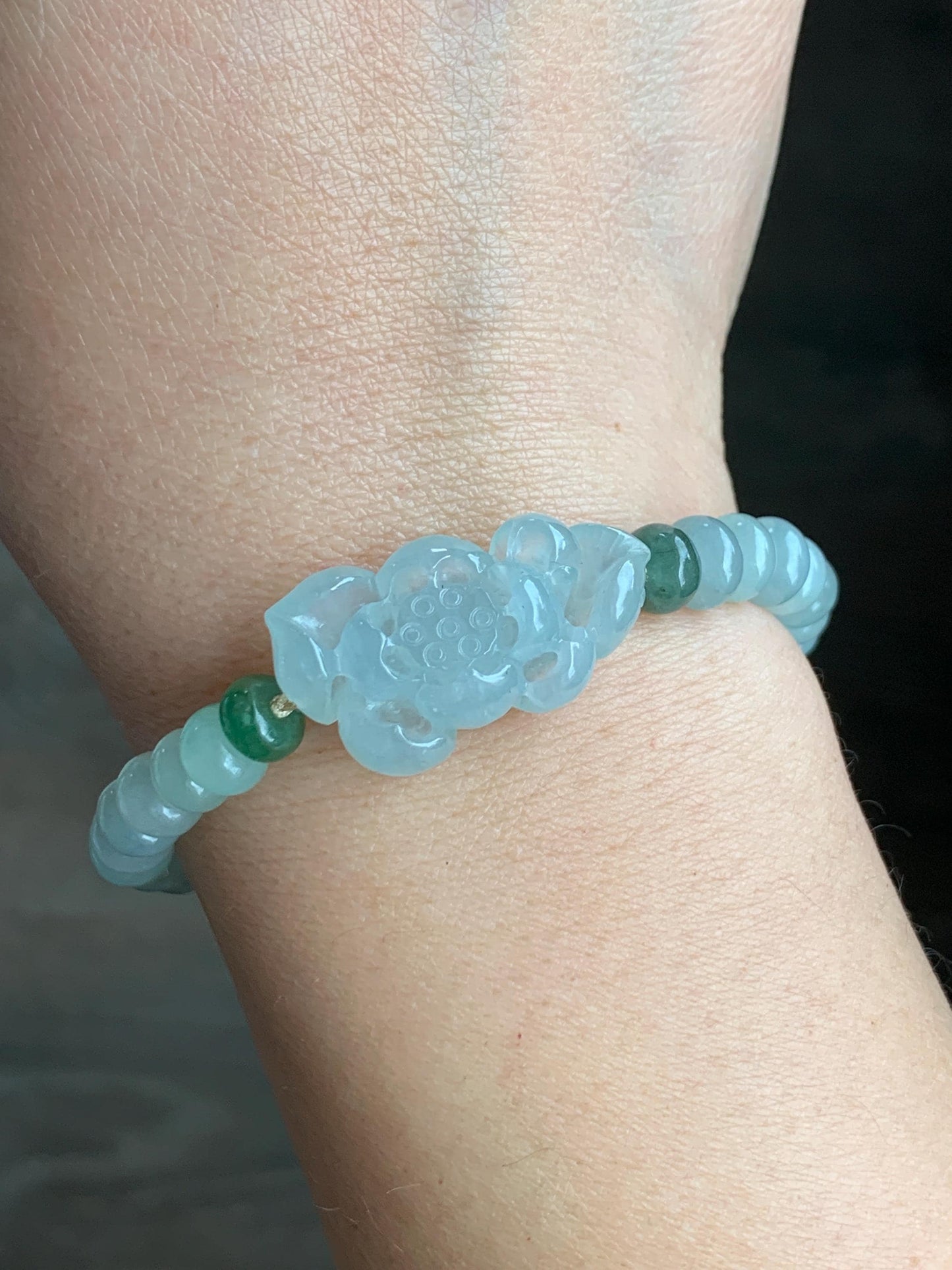 Certified Natural Grade A Icy Highly Translucent Gelatinous Light Green Jadeite Lotus Flower Beaded Bracelet
