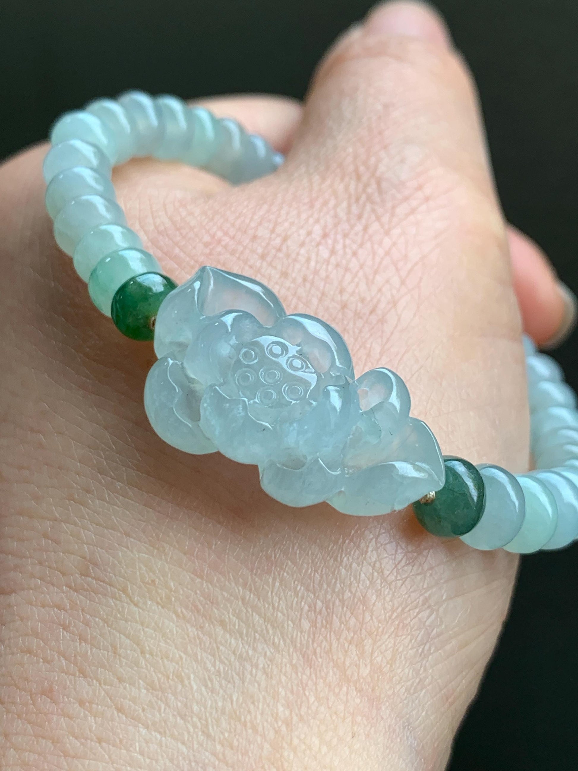Certified Natural Grade A Icy Highly Translucent Gelatinous Light Green Jadeite Lotus Flower Beaded Bracelet