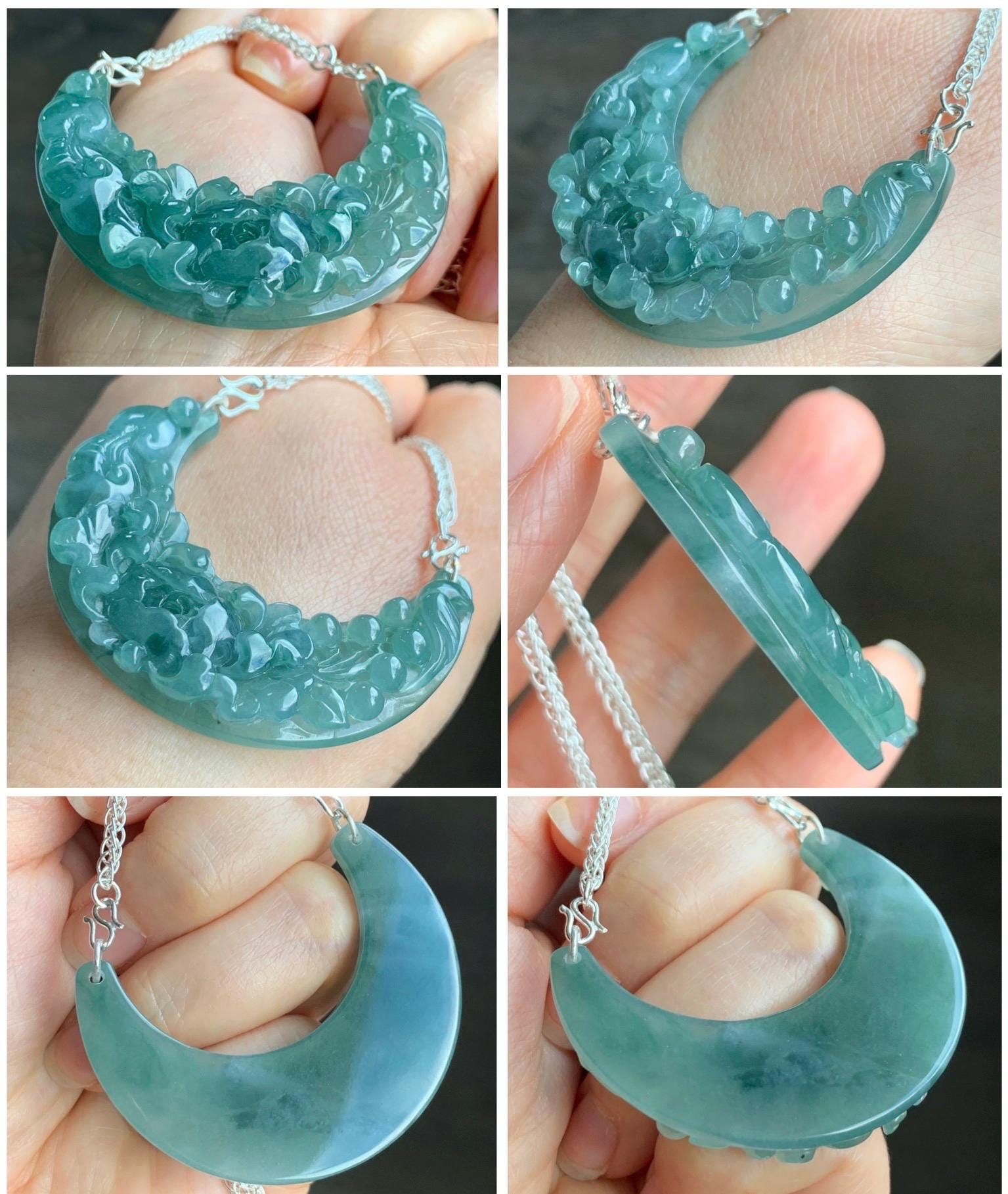 Natural Icy Translucent Gelatinous Teal Blue Jadeite Carved Floral Crescent Pendant 999 Sterling Silver Necklace 21” 28g 天然冰胶蓝水翡翠花开富贵玉横足银项链