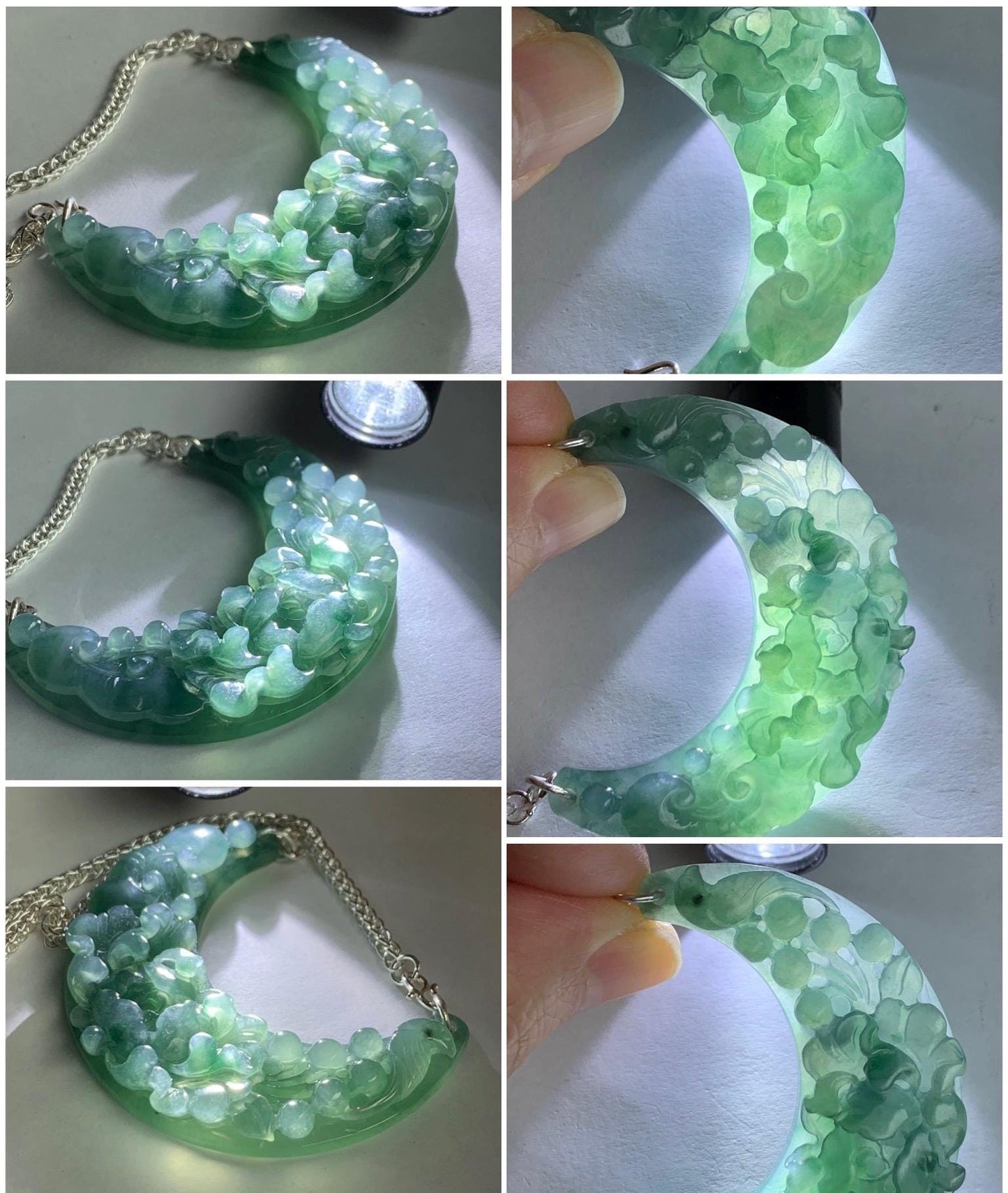 Natural Icy Translucent Gelatinous Teal Blue Jadeite Carved Floral Crescent Pendant 999 Sterling Silver Necklace 21” 28g 天然冰胶蓝水翡翠花开富贵玉横足银项链